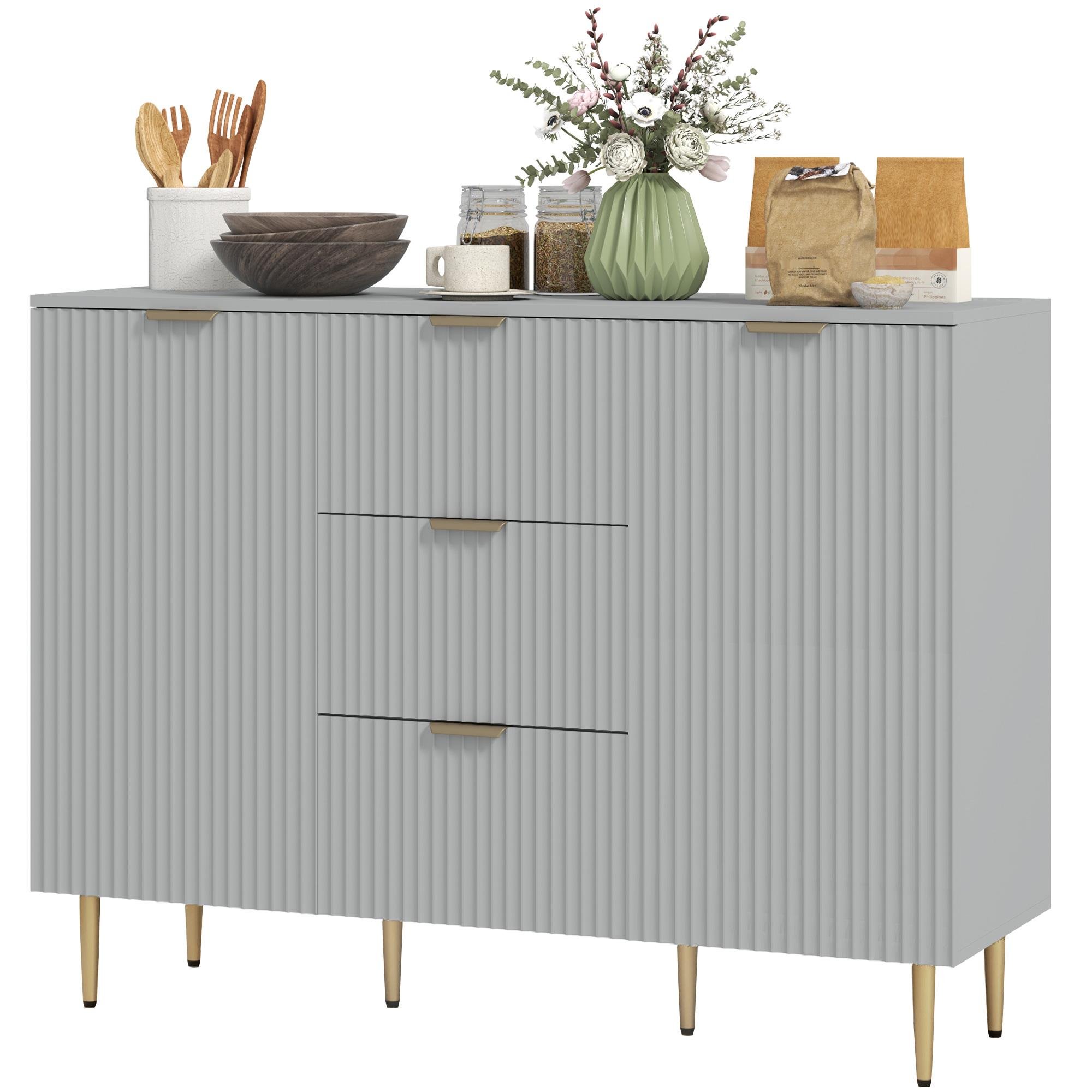 Grey Fluted Buffet Cabinet with Adjustable Shelves