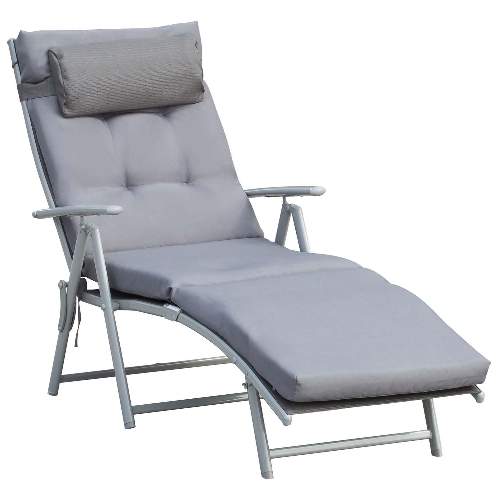 Grey 7-Position Chaise Lounge, Folding Outdoor Chair with Cushion