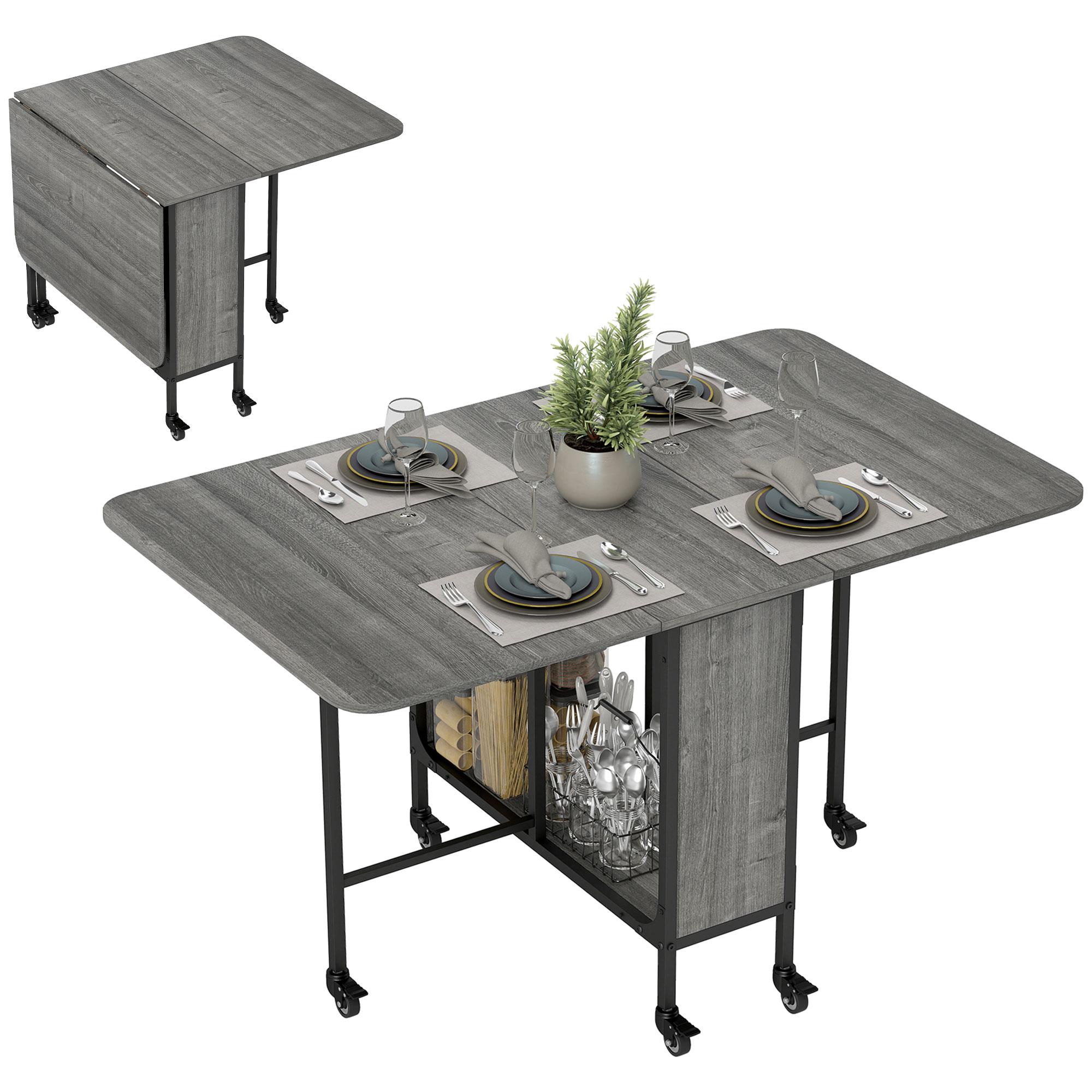 Grey Folding Dining Table with Storage Shelf and Wheels