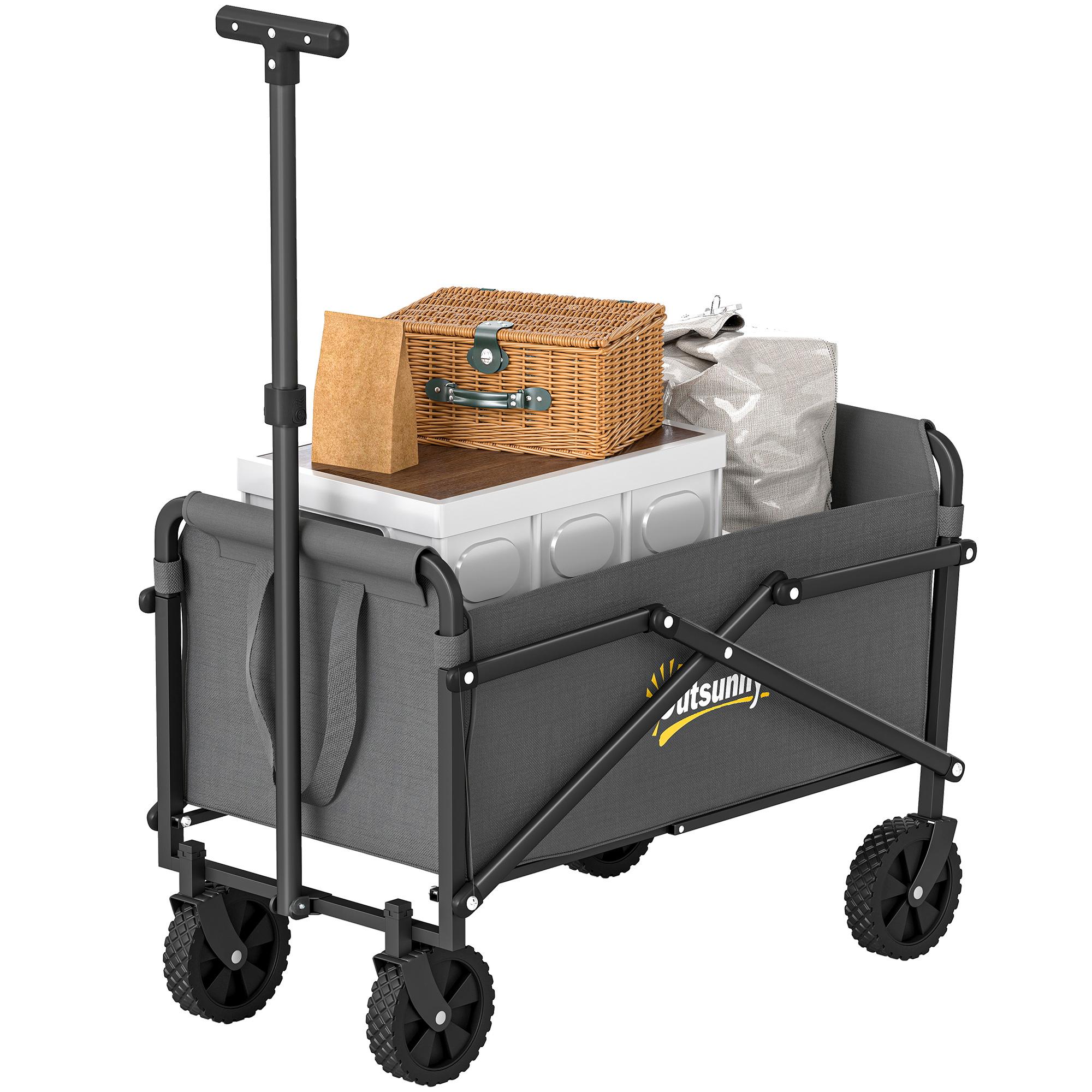 Grey Folding Garden Wagon, Compact Cart with Adjustable Handle