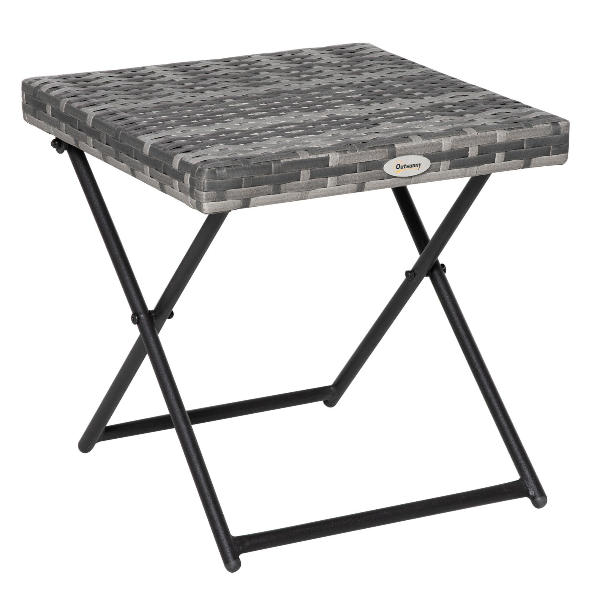 Grey Folding Rattan Side Table, 15.75-Inch Patio Size