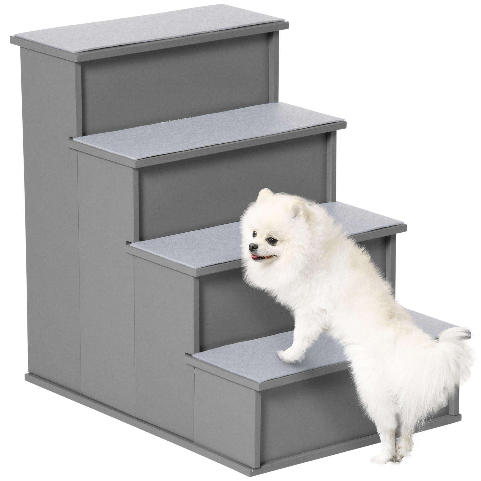 Grey MDF pet stairs with soft cushions, 15.7 x 23.2 x 21.3 in
