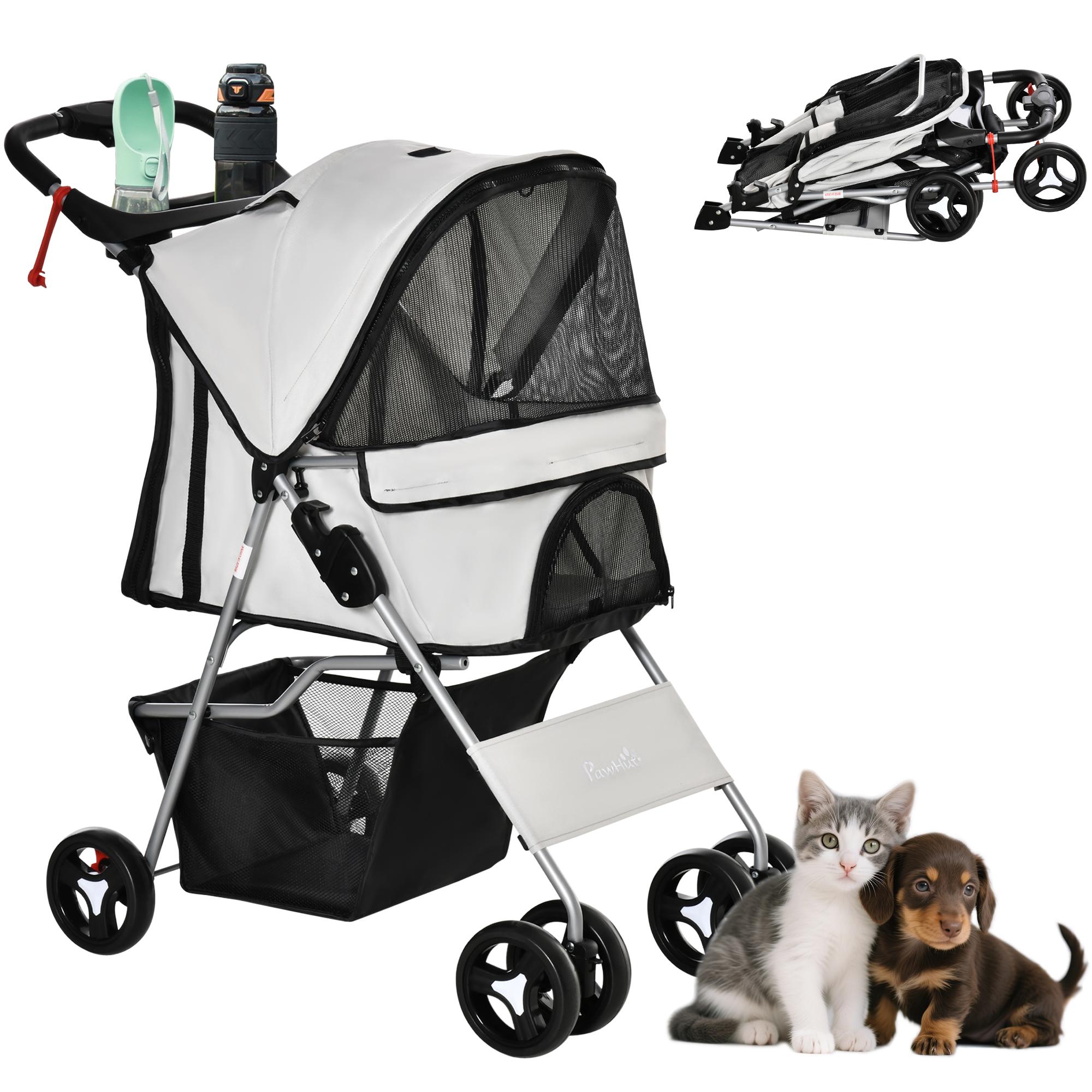 Grey Small Pet Stroller, Foldable 4-Wheel Carrier
