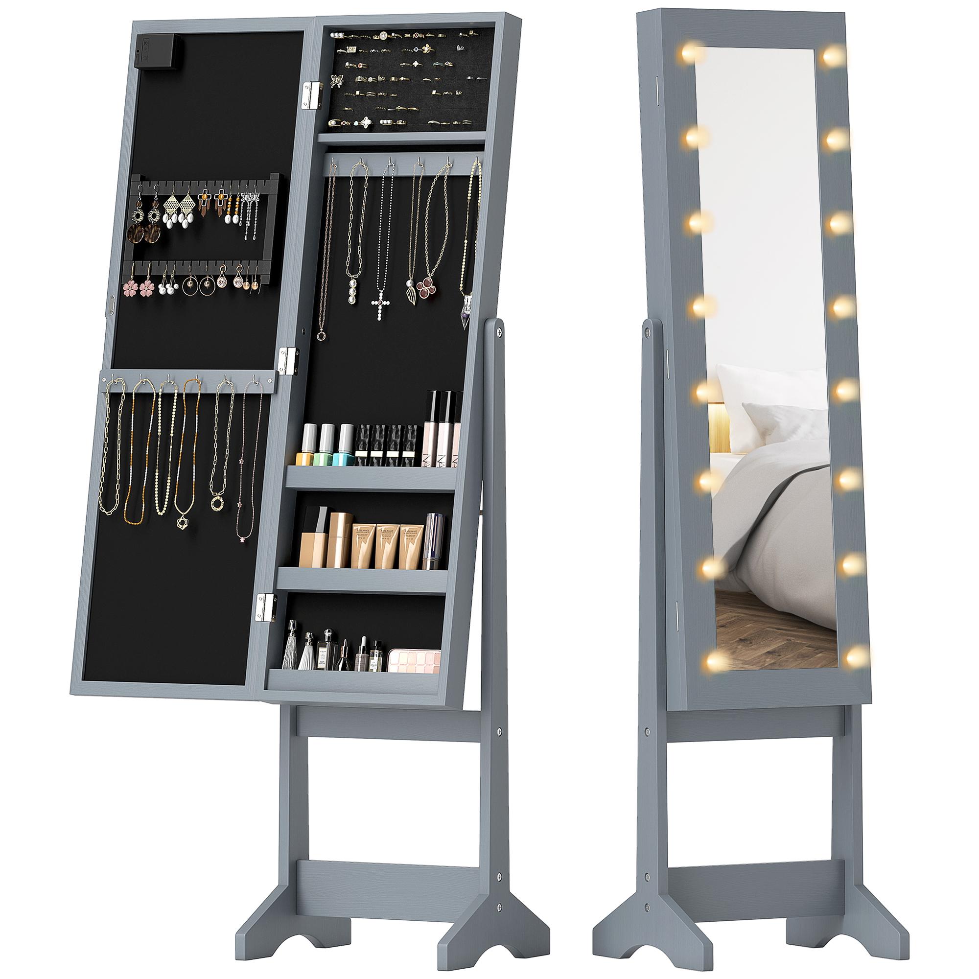 Grey Lighted Jewellery Armoire with Full-Length Mirror