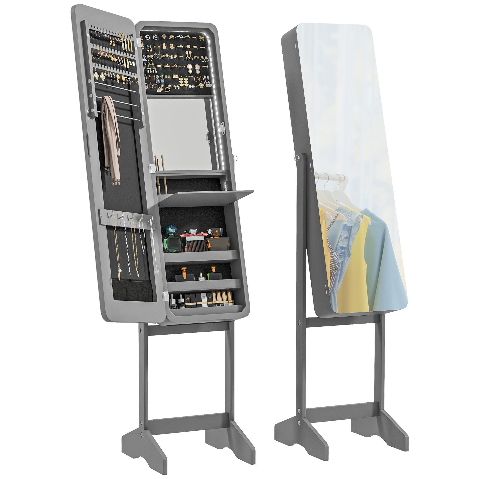 Grey Freestanding Jewellery Cabinet with LED Mirror