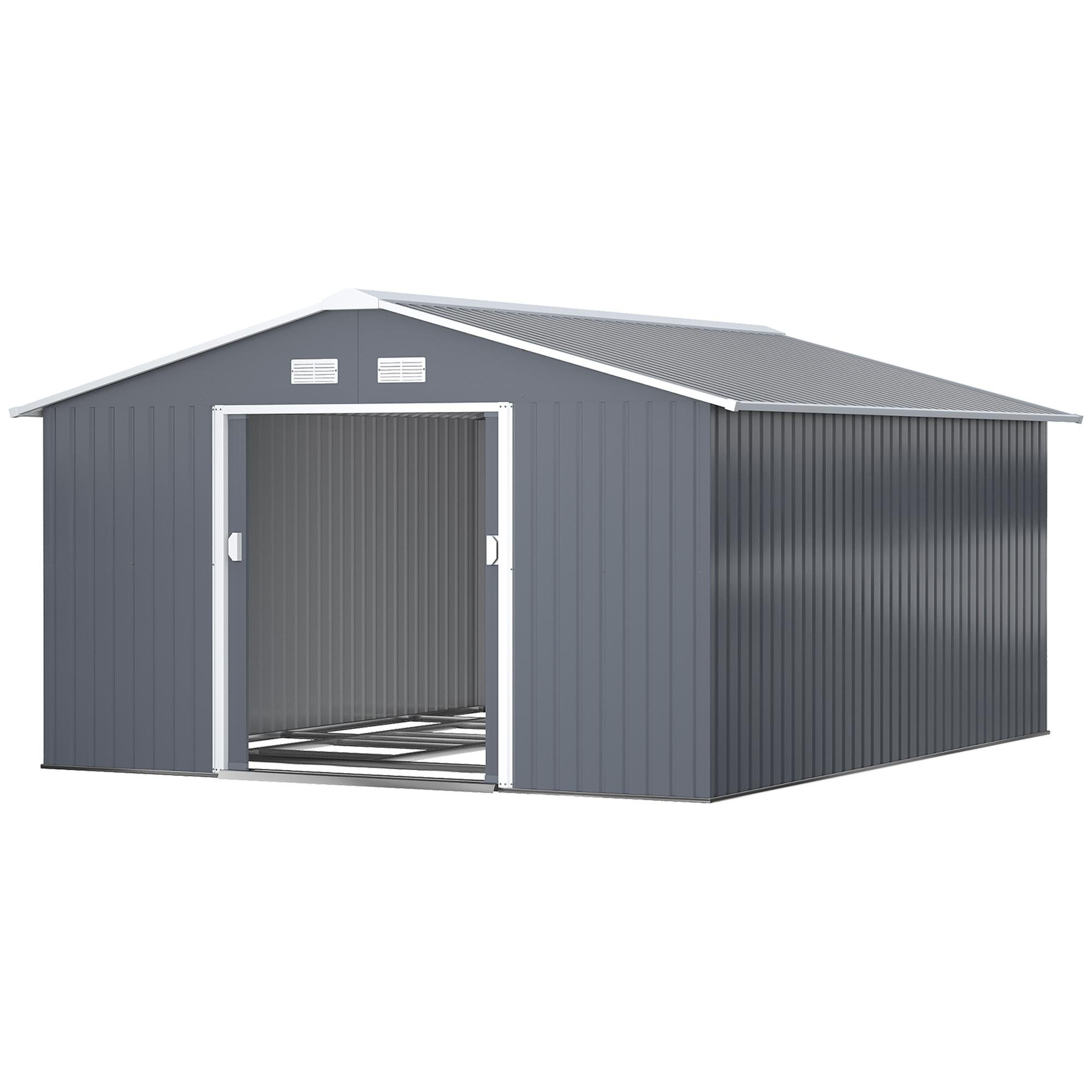 11x13 Grey Galvanized Shed with Double Sliding Doors