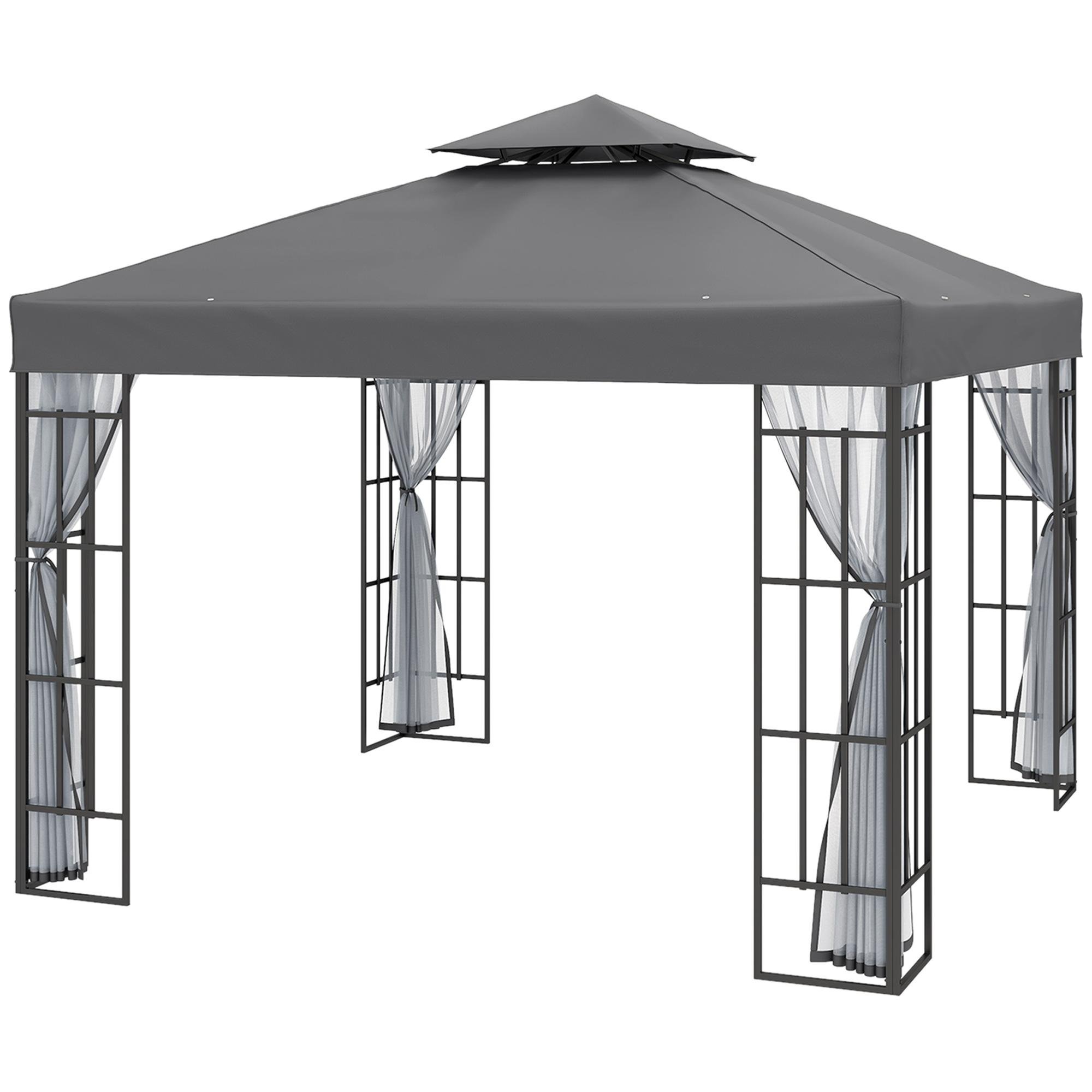 Grey 9.8 ft Screened Gazebo with Double-Tier Roof