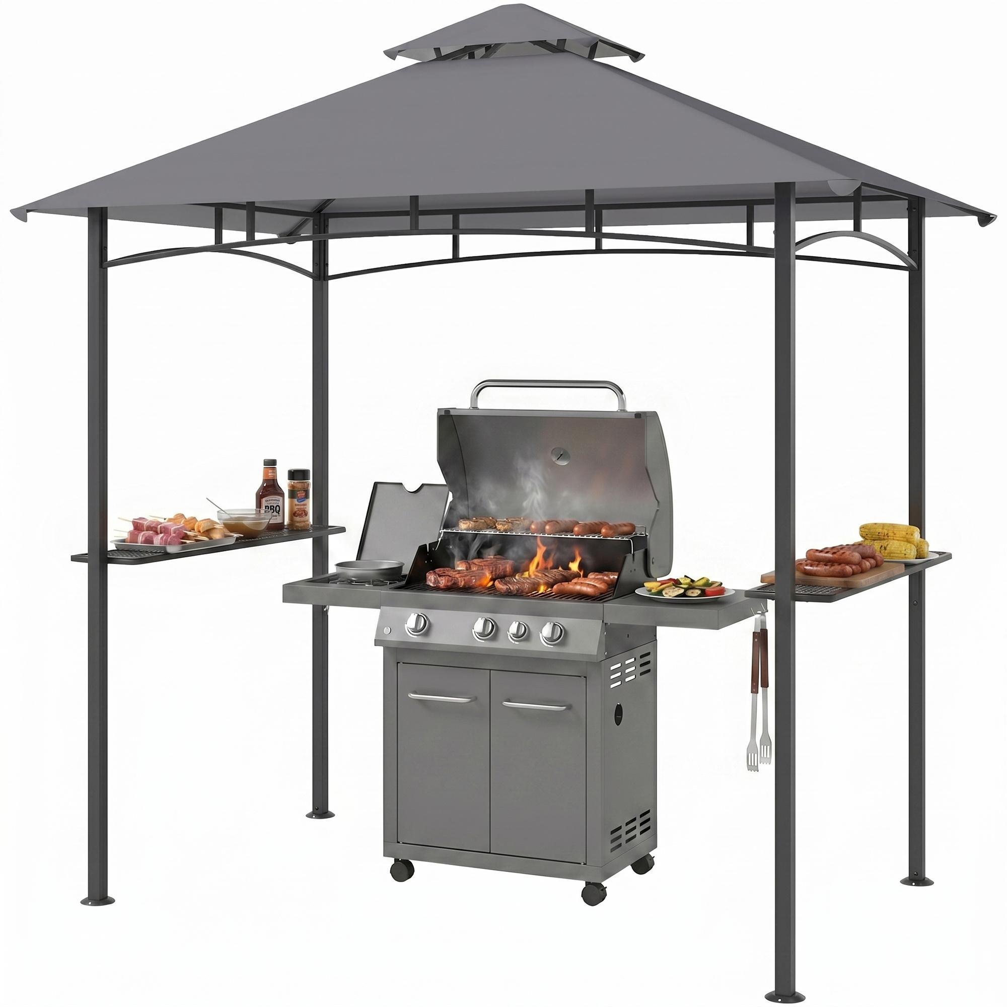 Grey Steel Grill Gazebo with Double-Tier Canopy