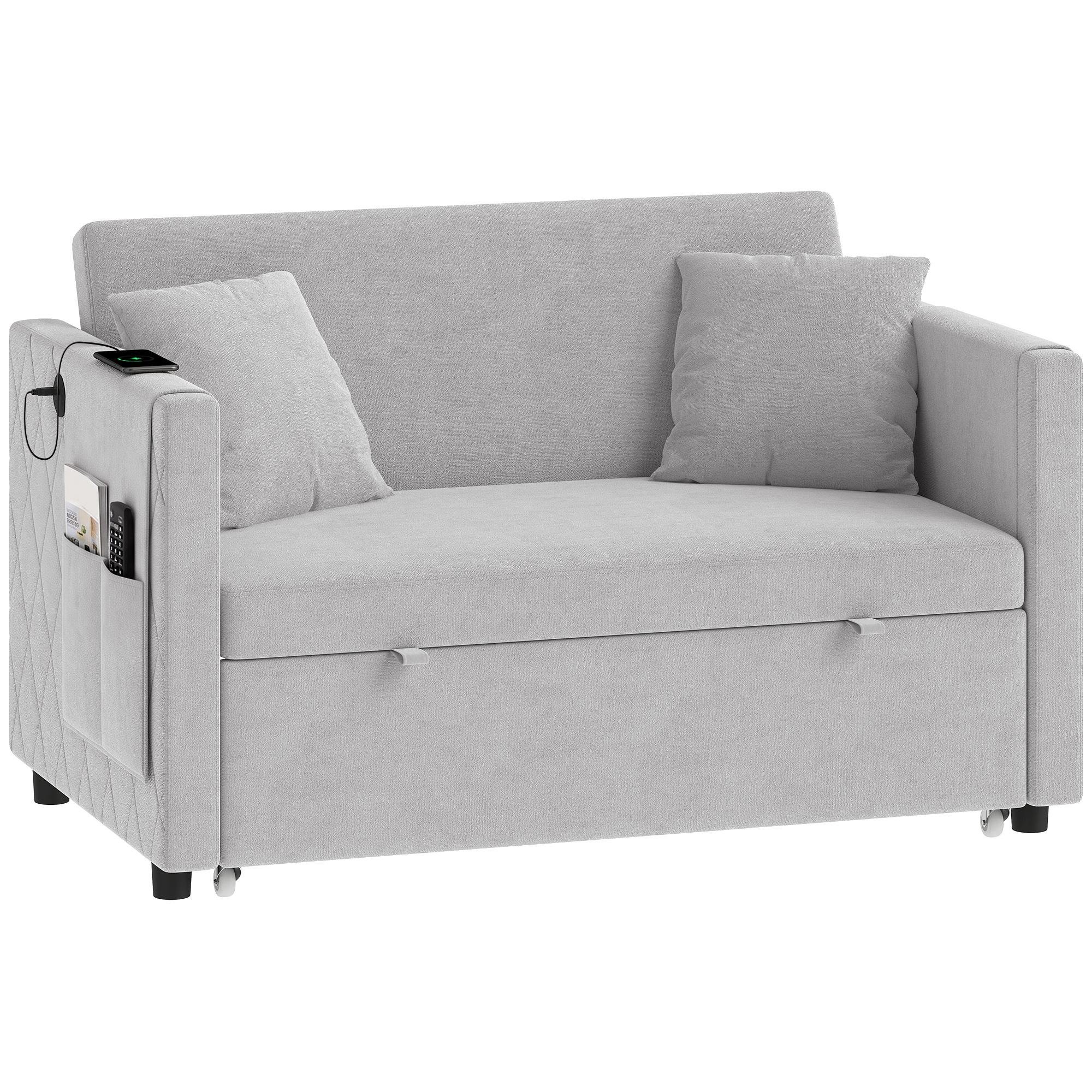 Grey Holland Velvet Sofa Bed with USB Ports
