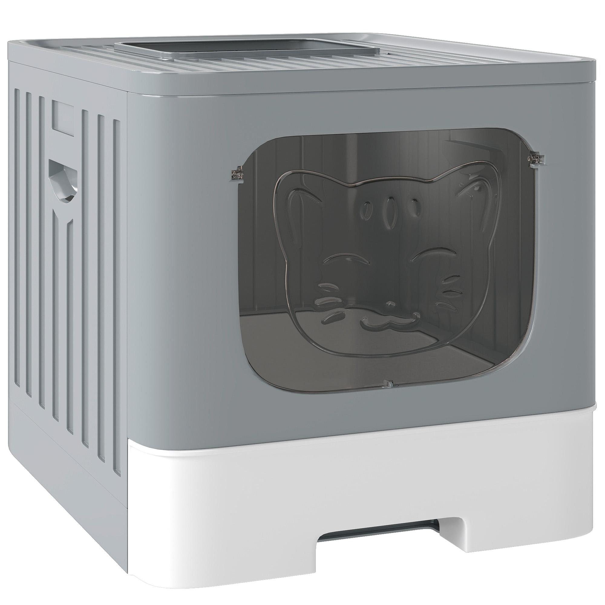 Grey Hooded Litter Box with Slide-Out Tray