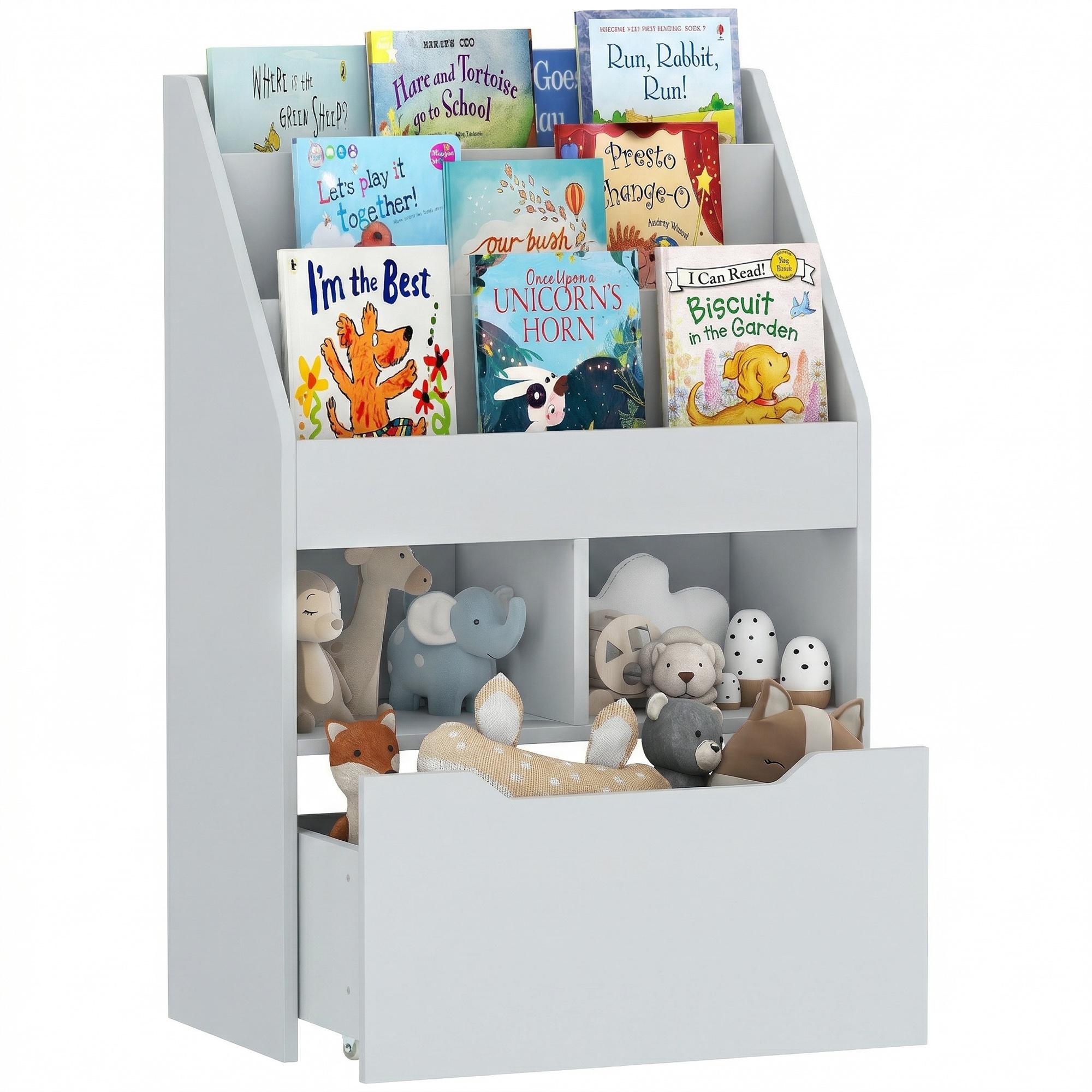 Grey Three Shelf Kids Bookcase with Rolling Drawer