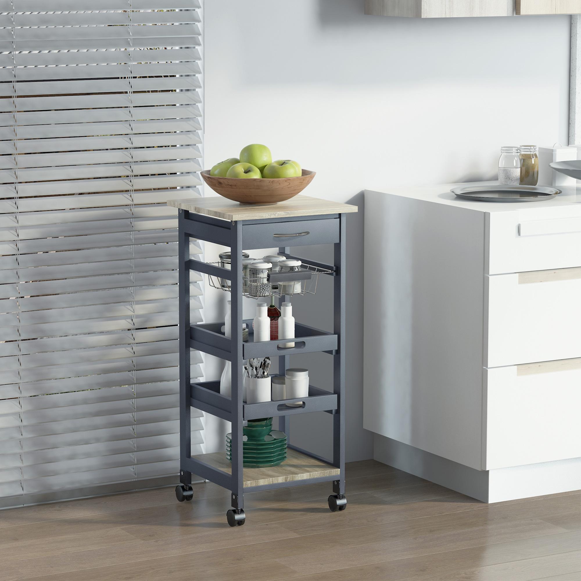 Grey Kitchen Cart with Trays and Drawer