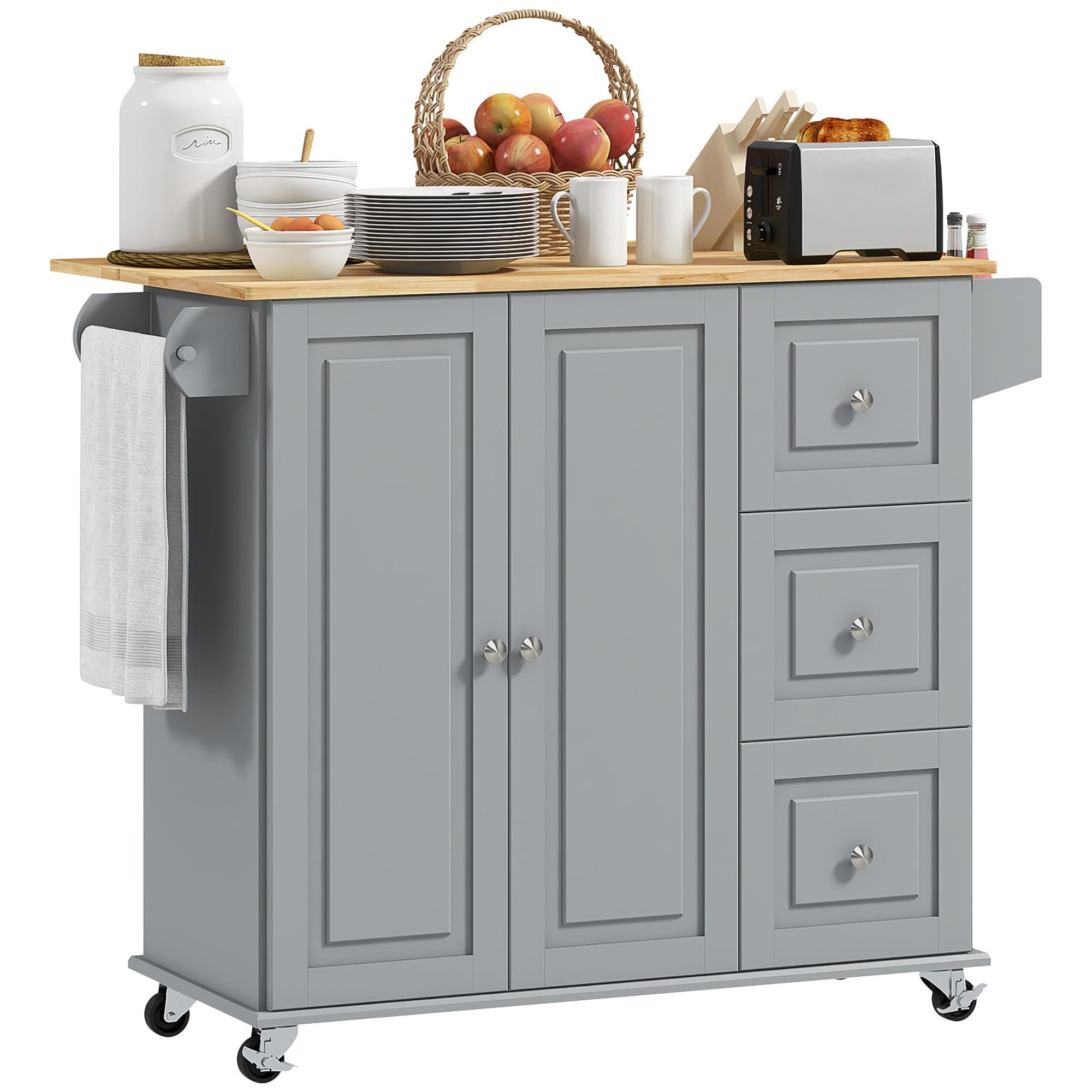 Grey Drop Leaf Island Cart with 3 Drawers