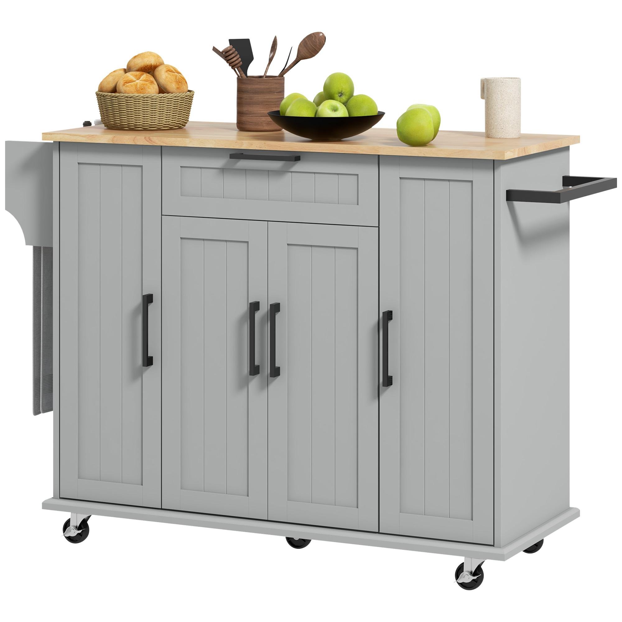 Grey Rubberwood Kitchen Island with 3 Cabinets