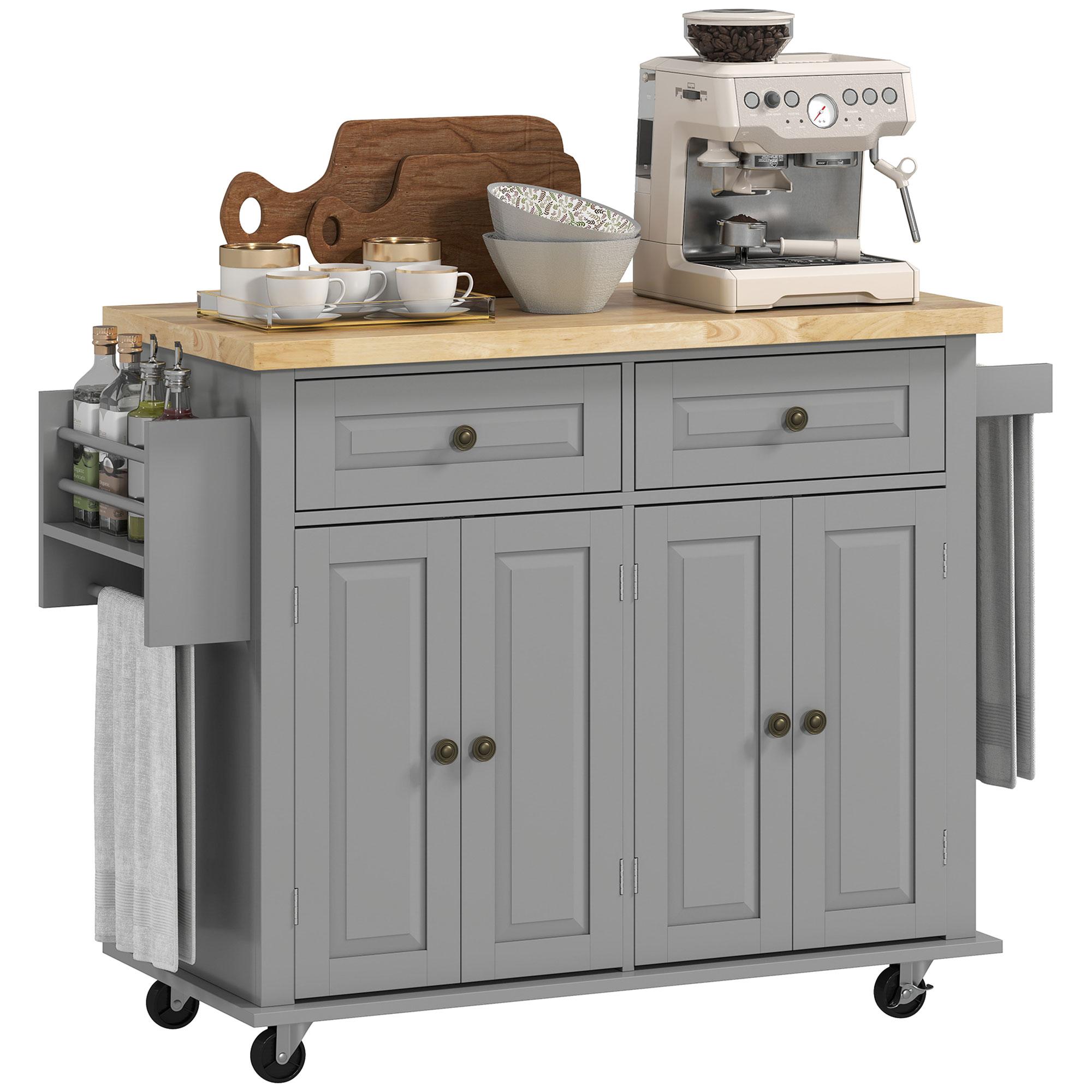Grey Kitchen Island with Storage and Rubber Wood Top