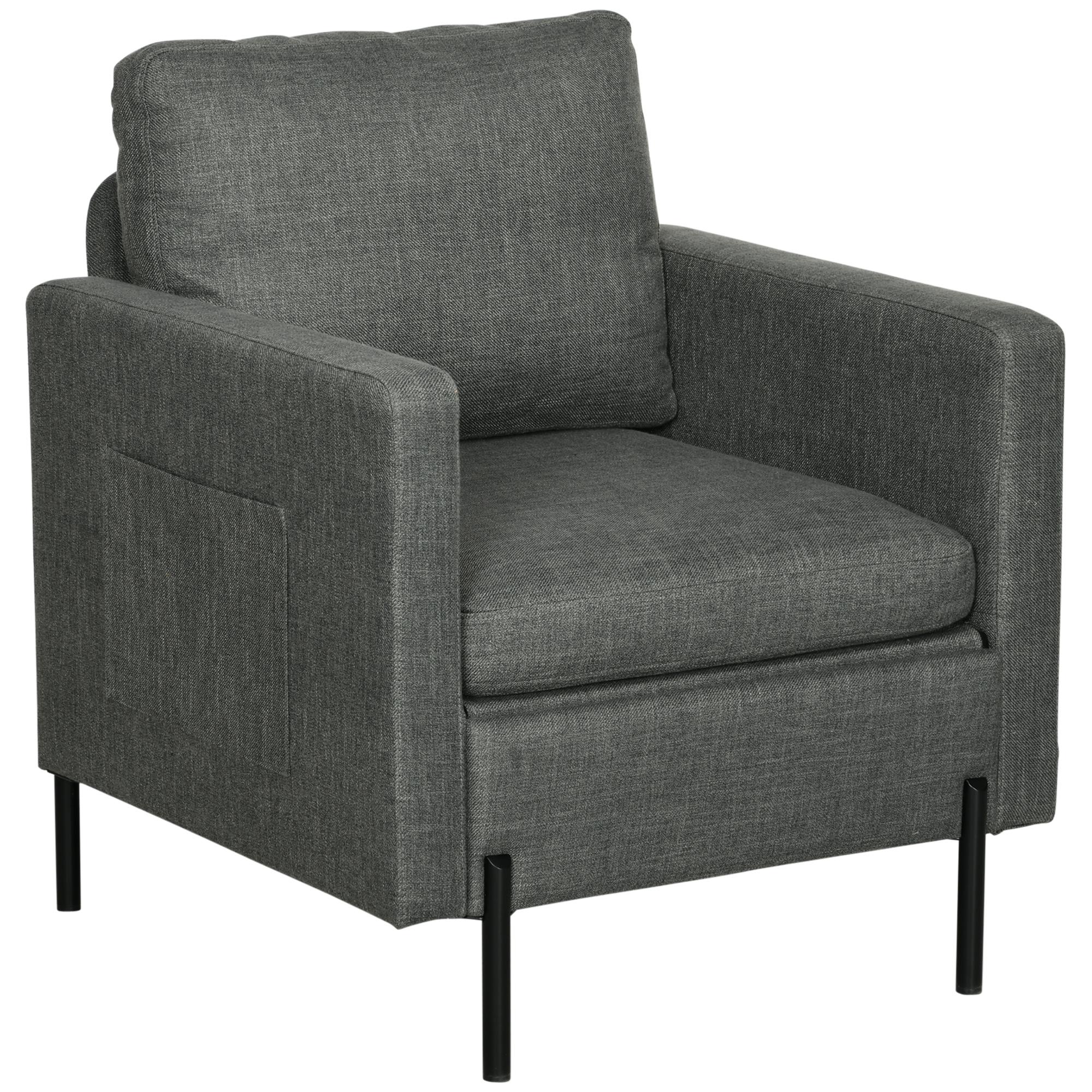 Grey Linen-Feel Accent Chair with Side Pockets