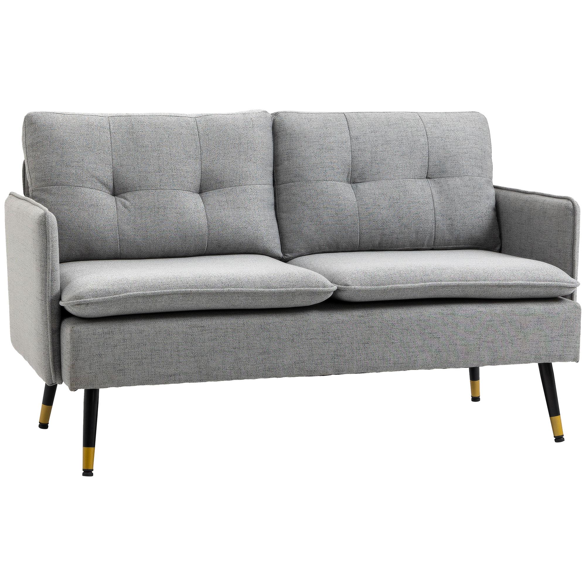 Grey Tufted Loveseat with Padded Cushions and Steel Legs
