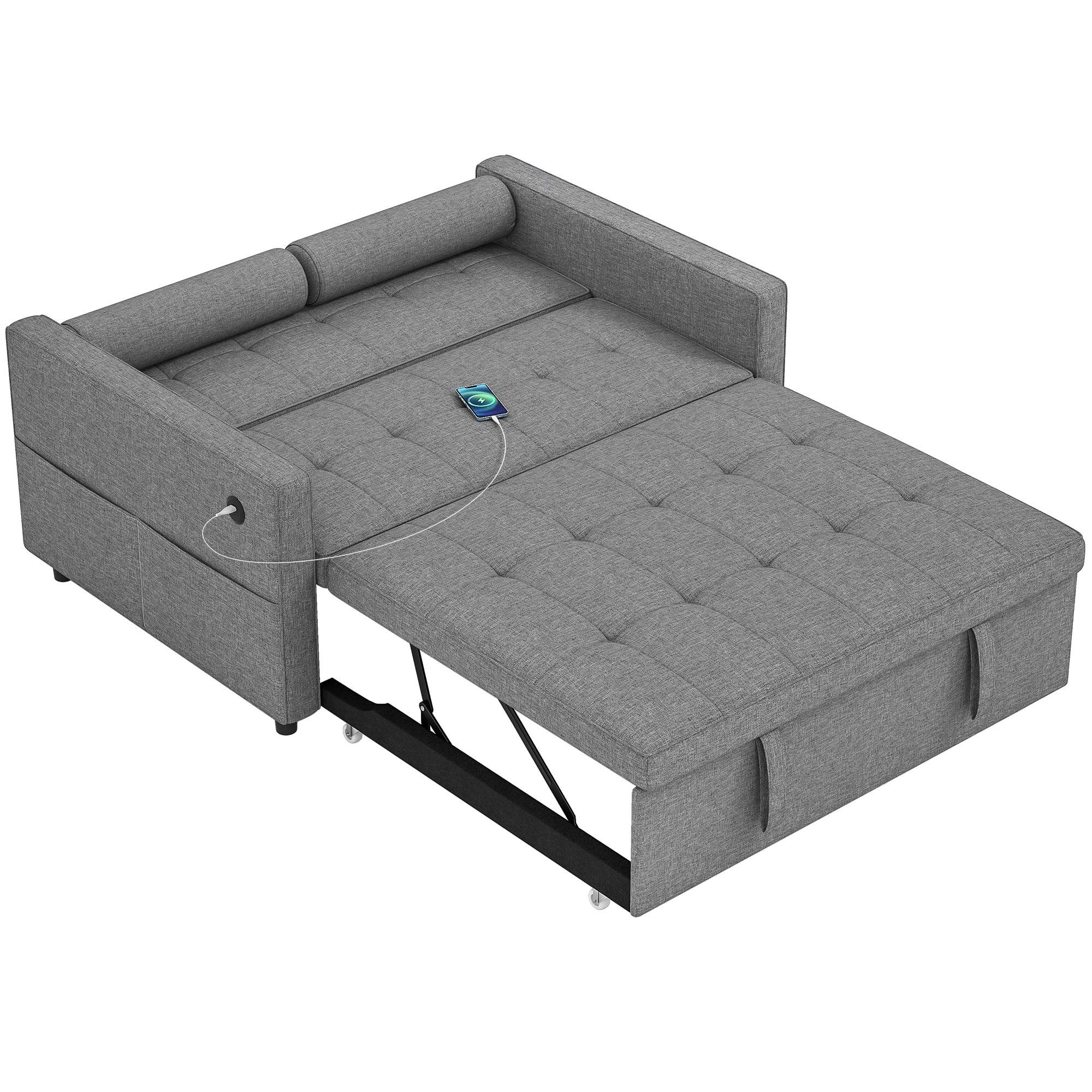 Grey Linen Sofa Bed with USB Ports and Pull-Out Design