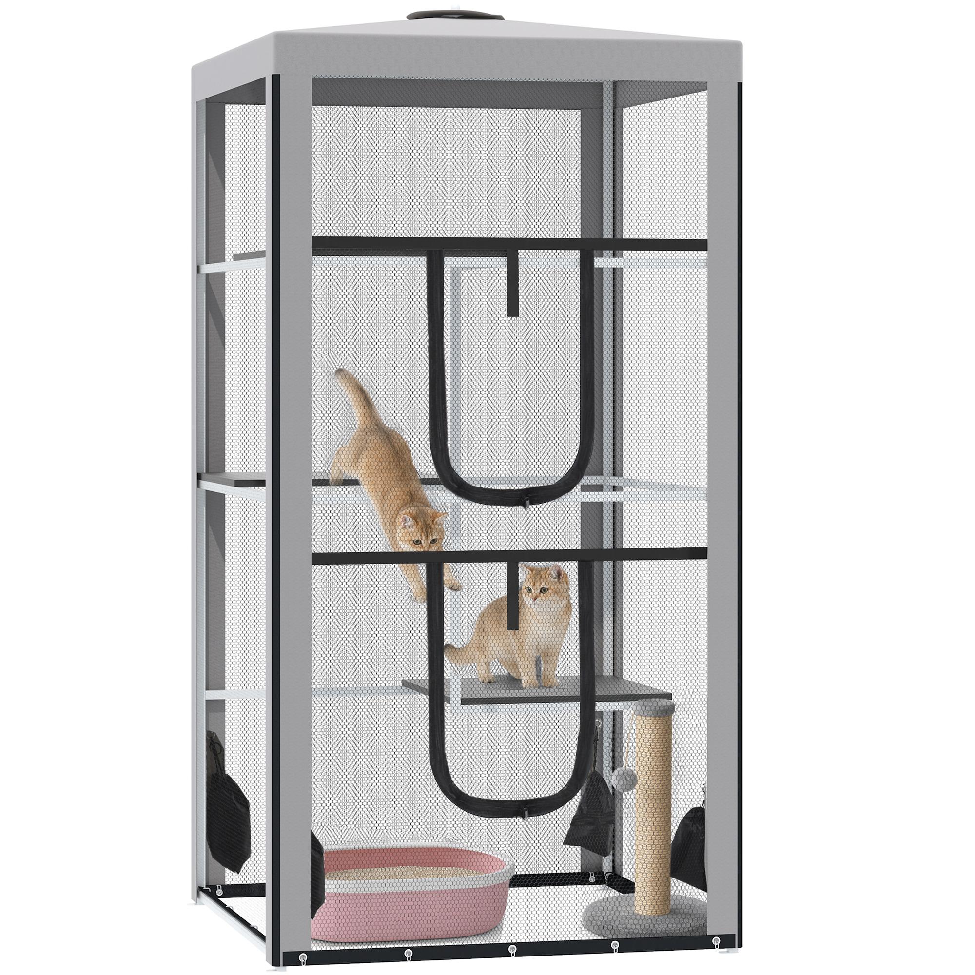 Grey Metal Cat Enclosure with 3 Platforms
