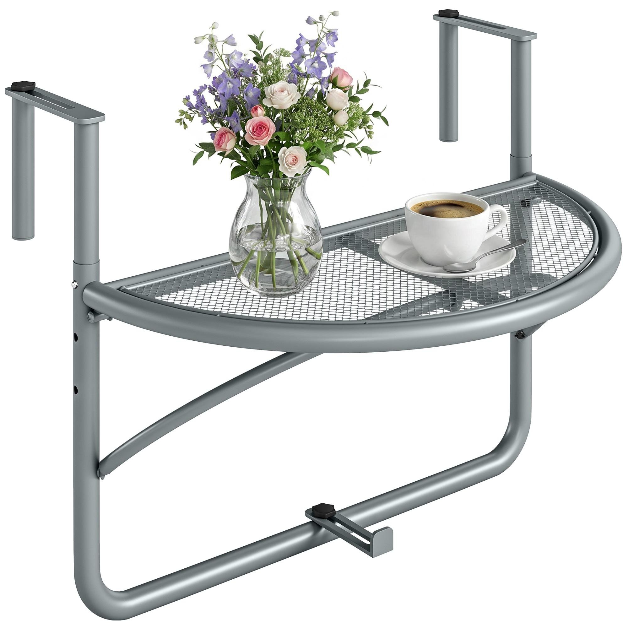 Grey Metal Hanging Balcony Table, Adjustable Folding Design