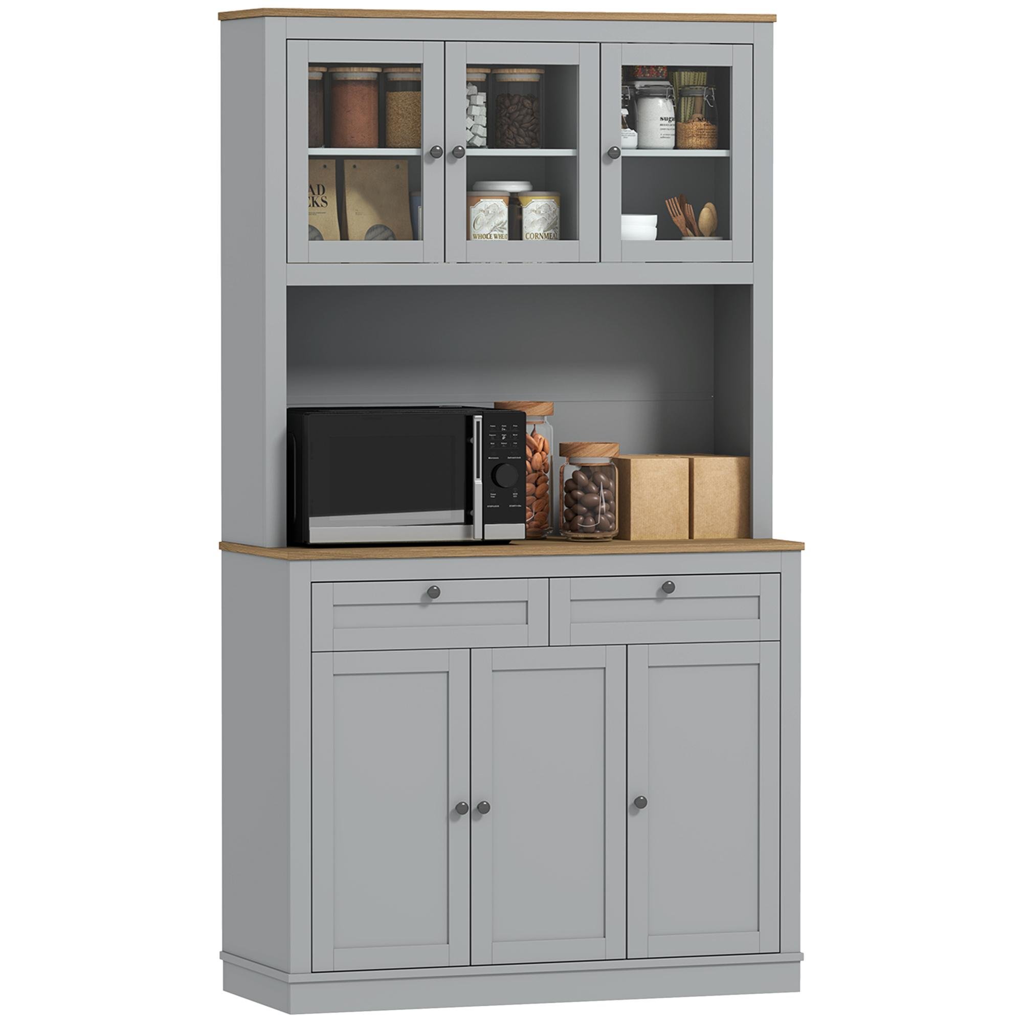 Grey Microwave Pantry Cabinet with Glass Doors