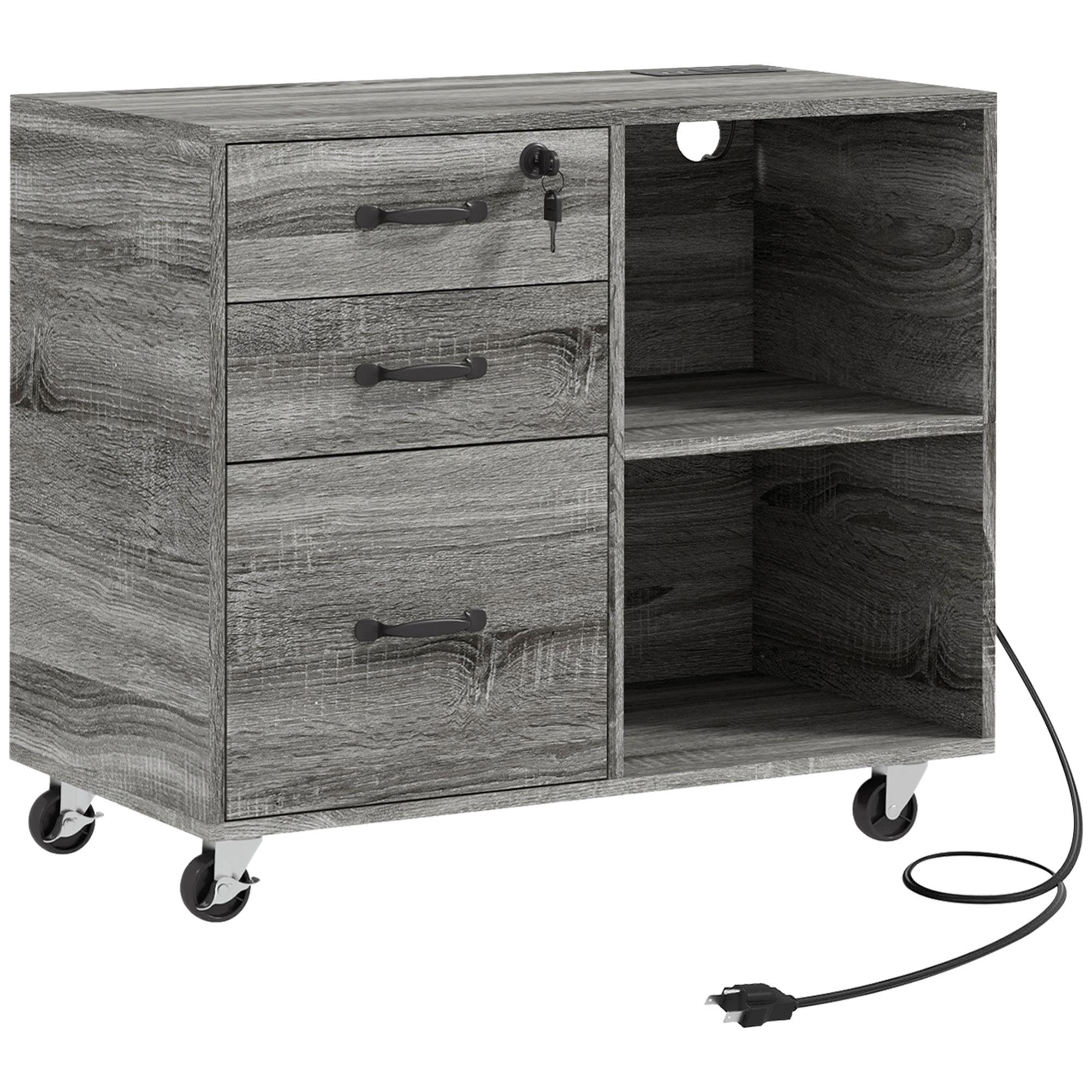 Grey Printer Storage Cabinet with Charging Station