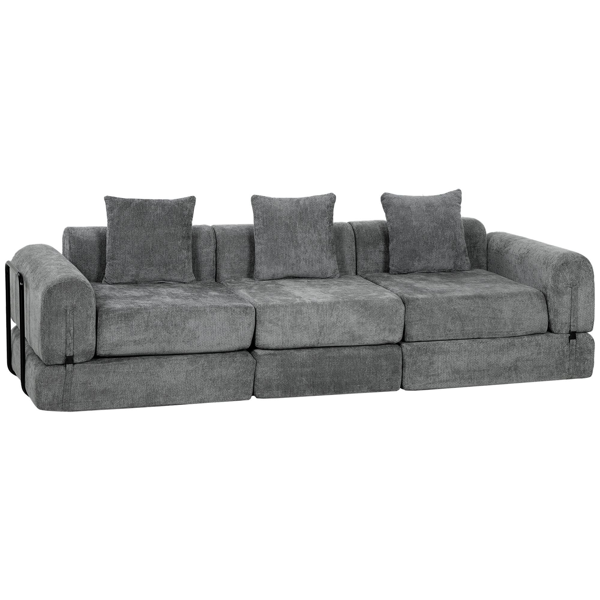 96.5 Inch Chenille Sofa Bed, Modular Grey 3-Seater