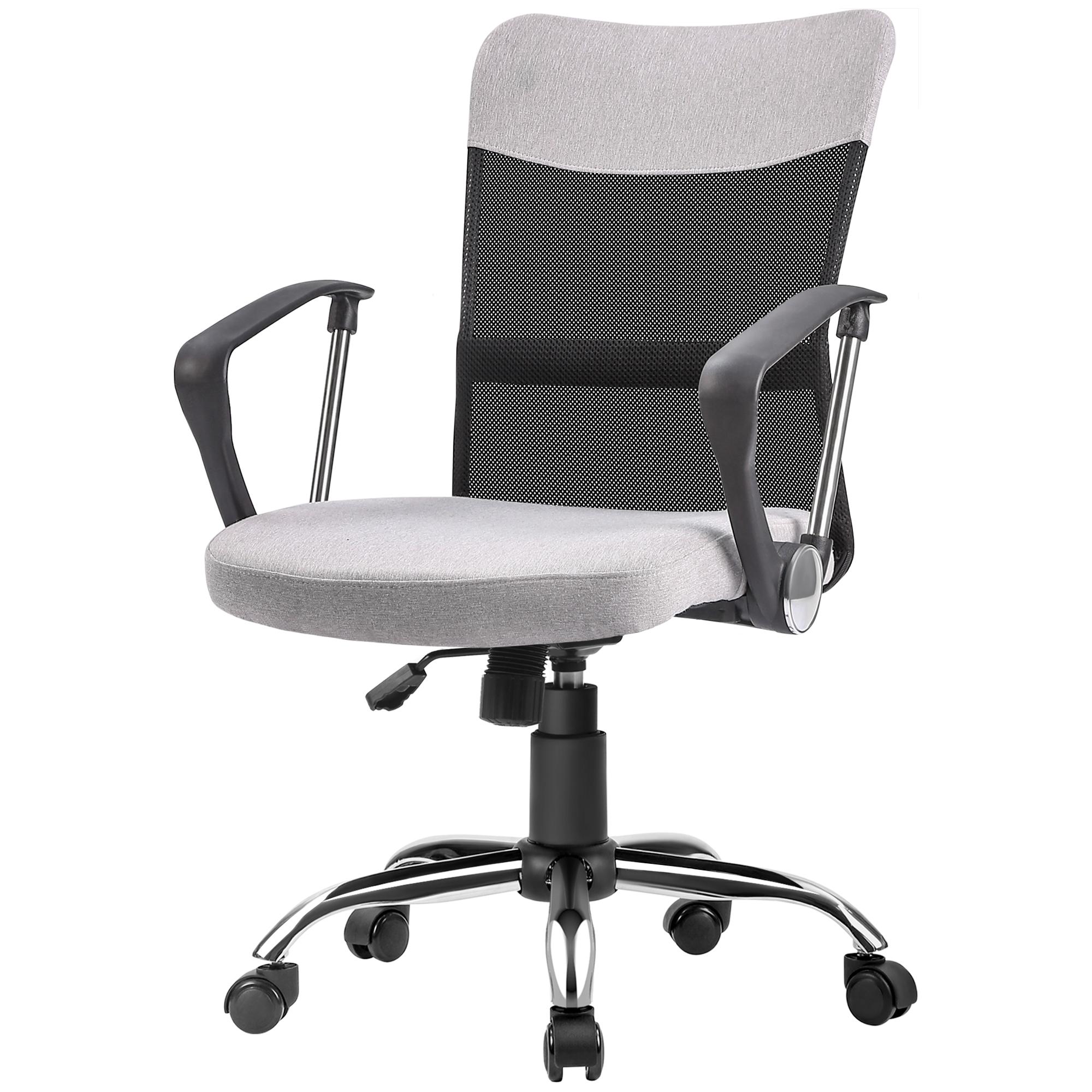 Grey Linen-Feel Swivel Office Chair with Lumbar Support
