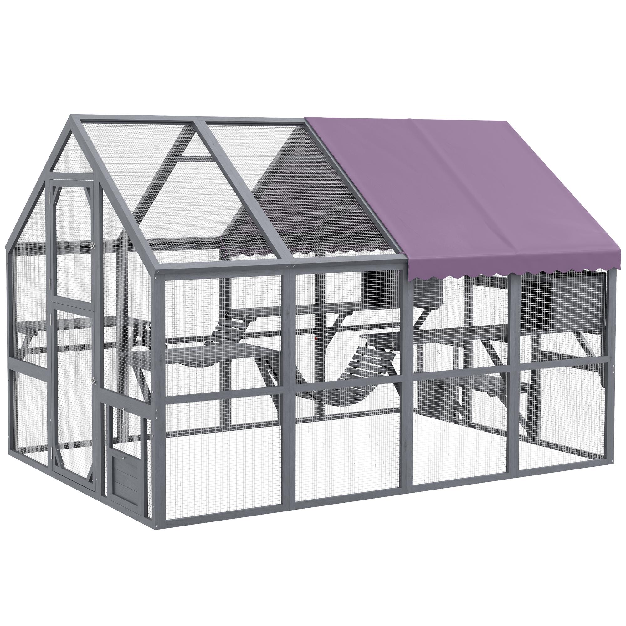 Grey Fir Multi Cat Enclosure with Canopy for 3-6 Cats