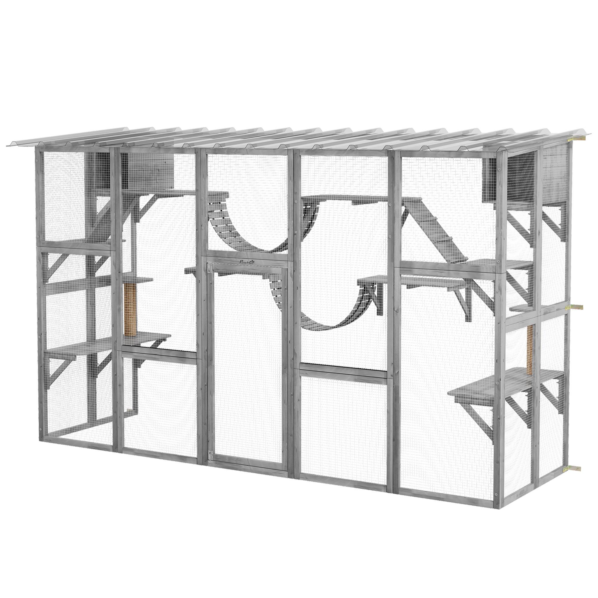 Grey Fir Outdoor Cat Shelter with Multi-Level Platforms