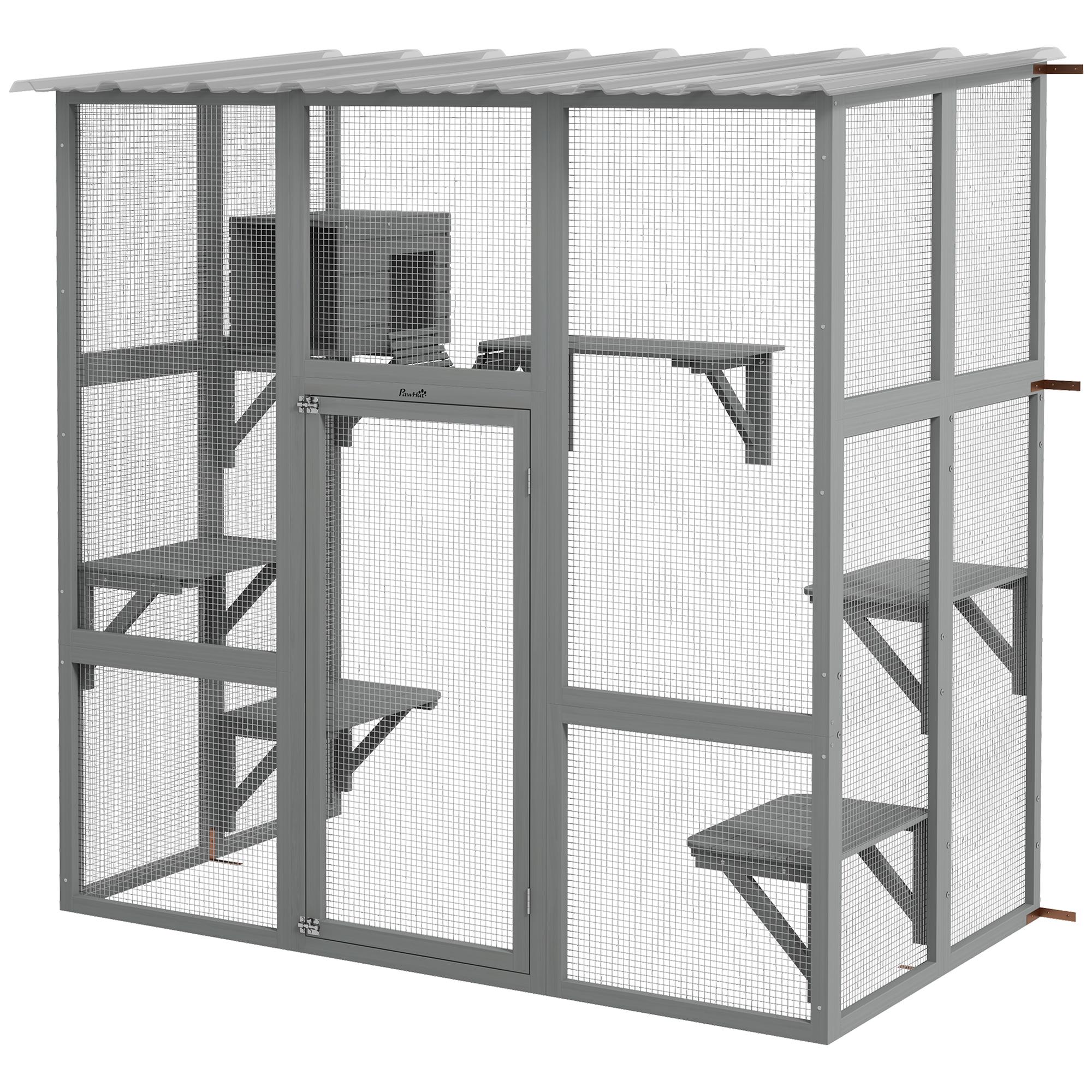 Grey Fir Wall-Mounted Catio with Roof for Two Cats