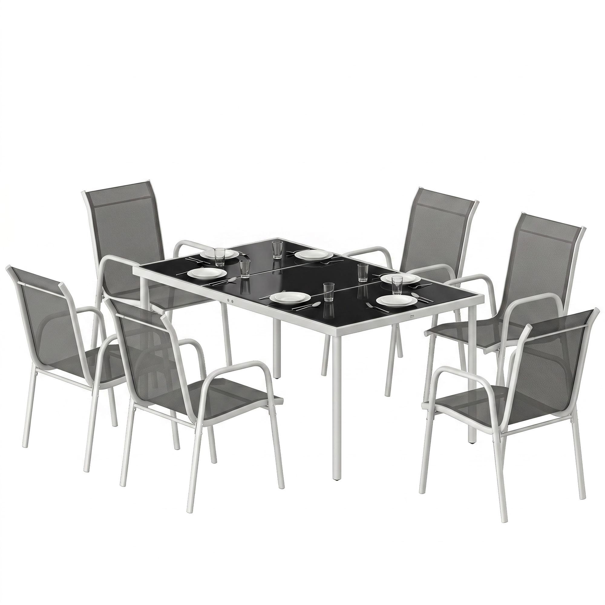 Grey Tempered Glass Dining Set with Six Stackable Chairs