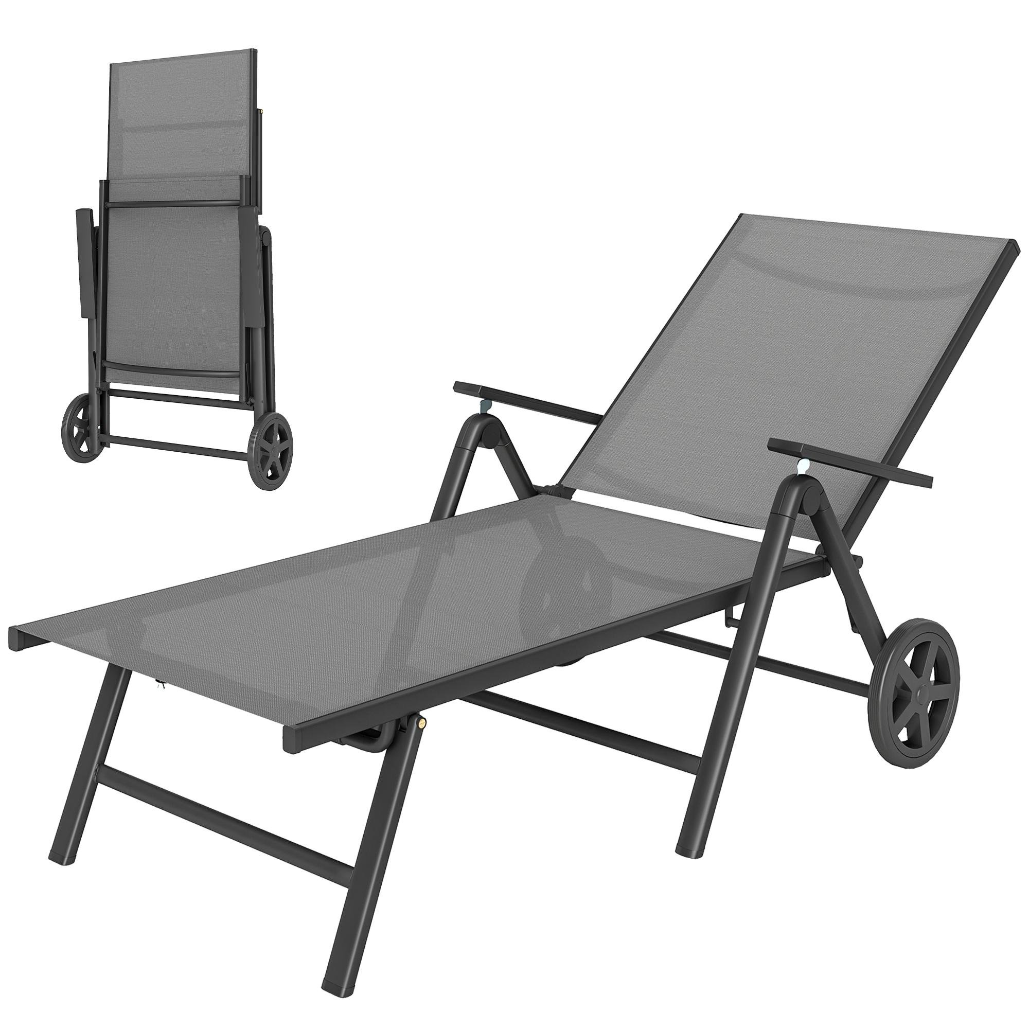 Grey Texteline Sun Lounger, 5-Level Folding Chaise with Wheels