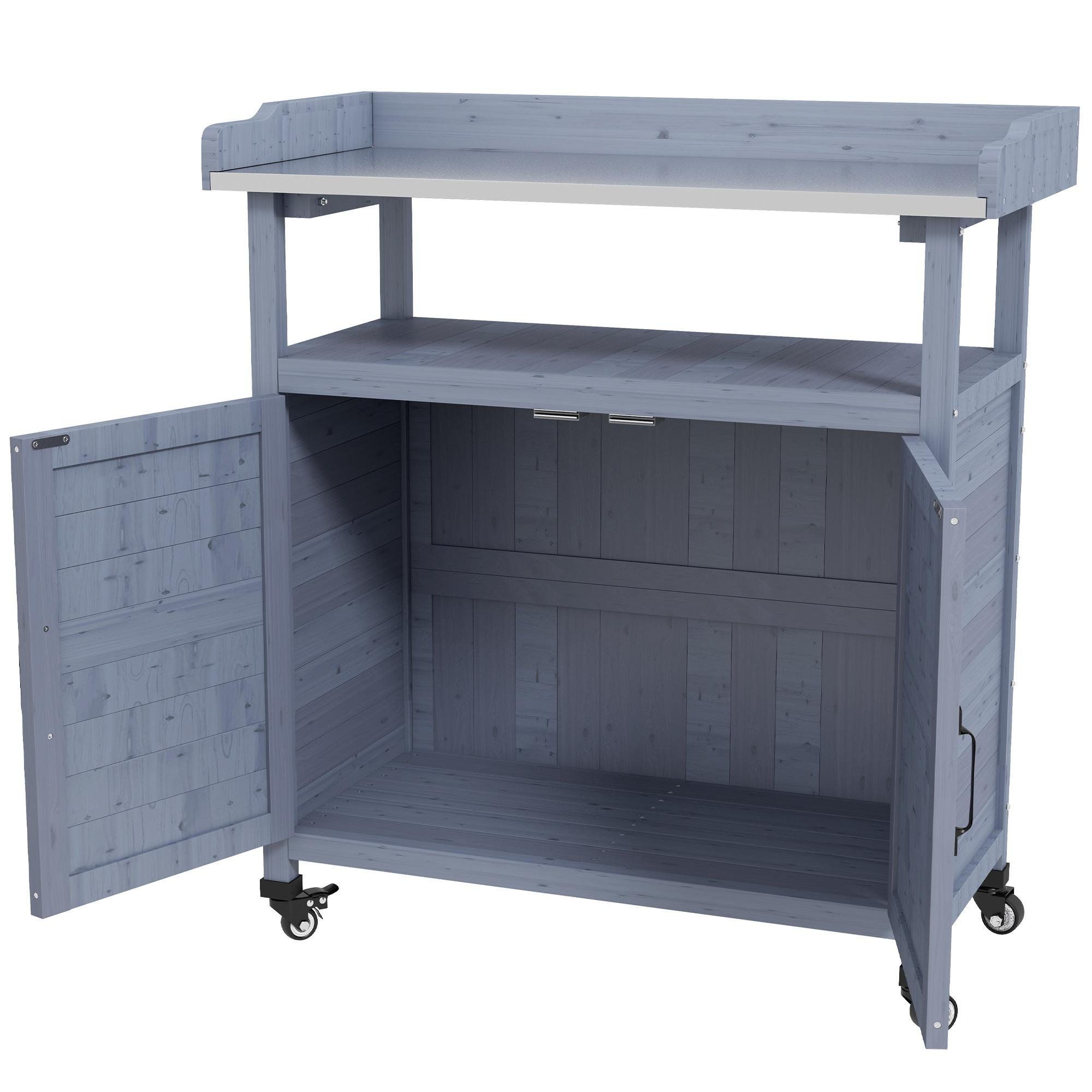 Grey Aluminum Potting Bench with Storage Cabinet