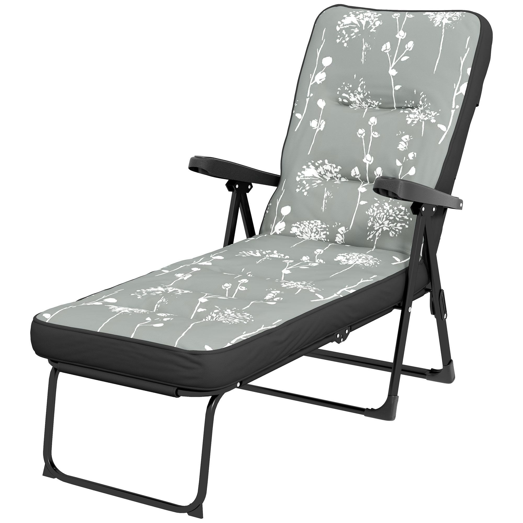 Grey Padded Folding Recliner - Four-Position Outdoor Lounger