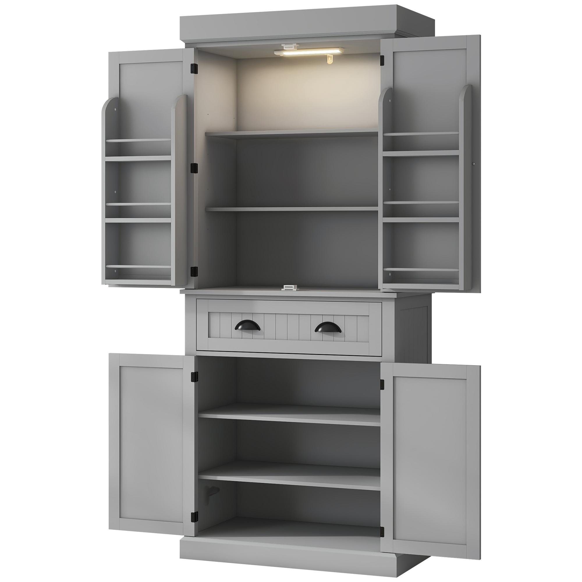 Grey LED pantry cabinet with adjustable shelving