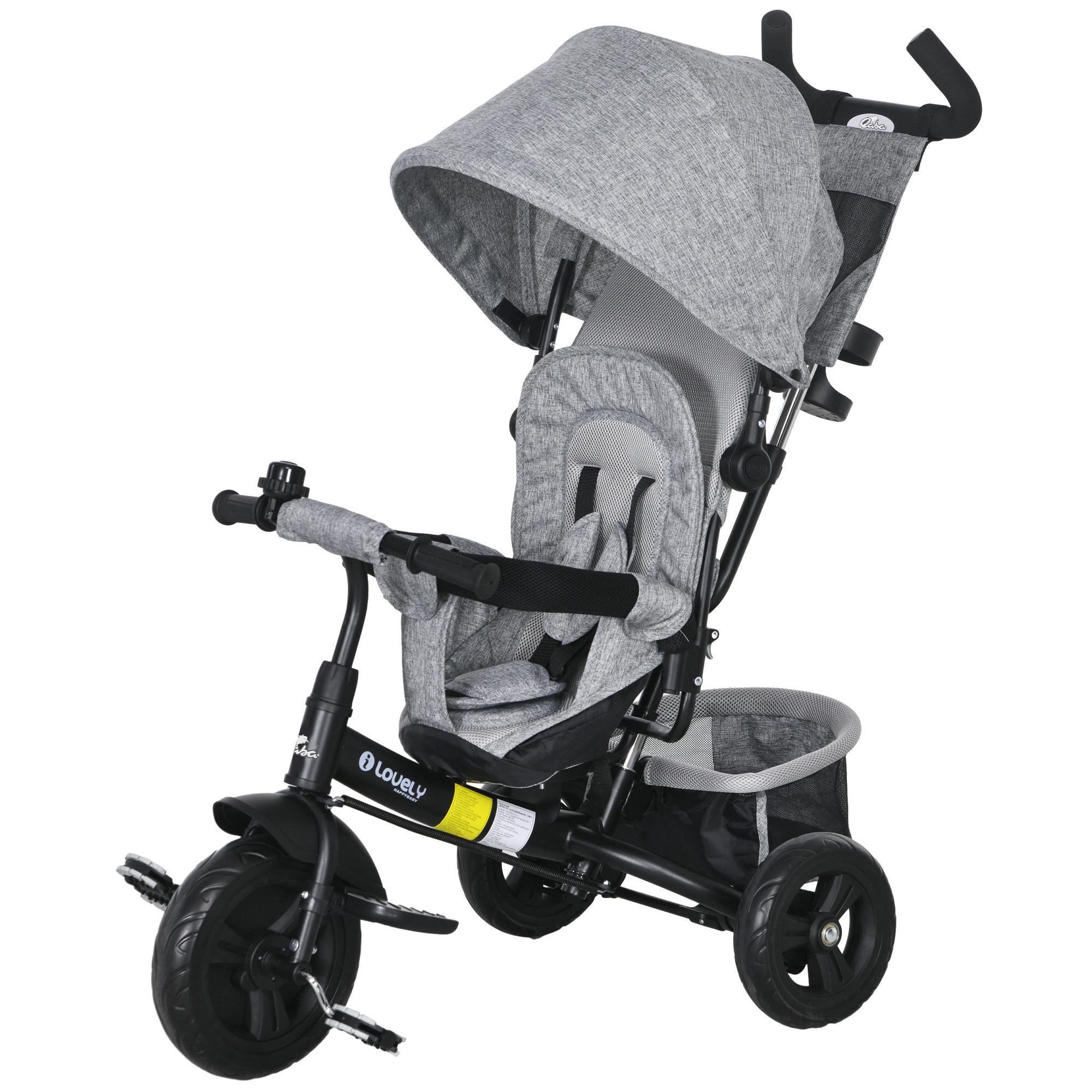 Grey Parent Push Tricycle with 6-in-1 Ride Modes
