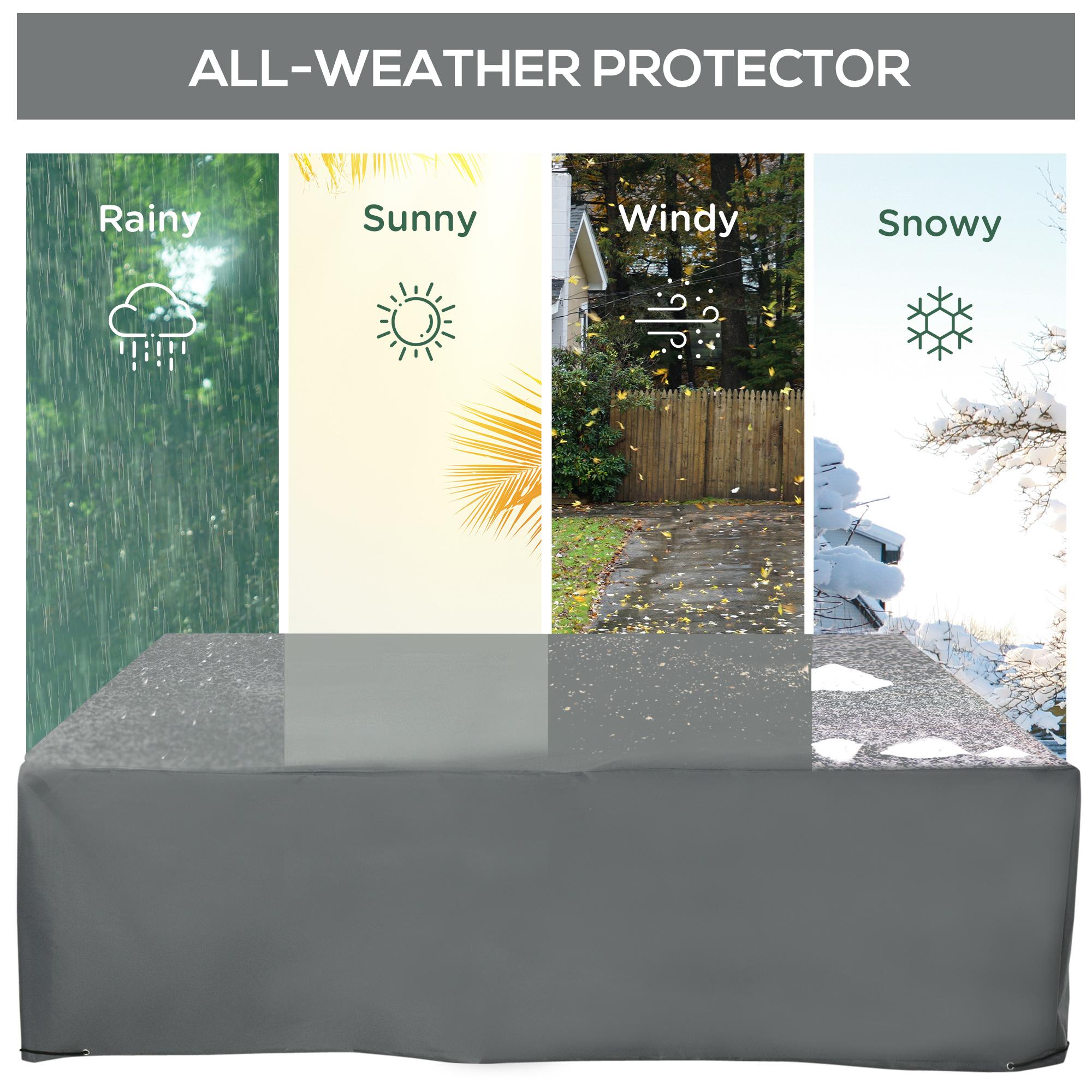 Grey patio furniture cover presented with rain, sun, wind and snow weather icons