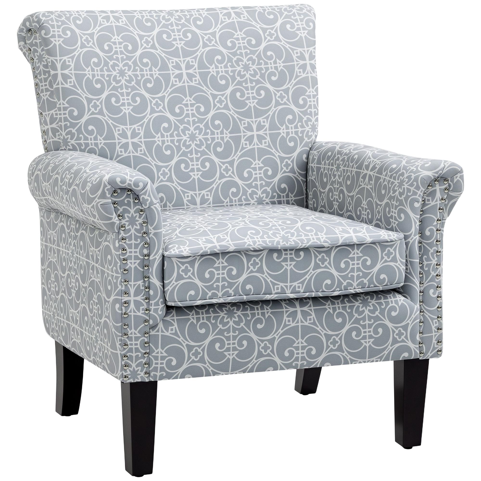 Grey Patterned Armchair with Rolled Arms for Living Rooms