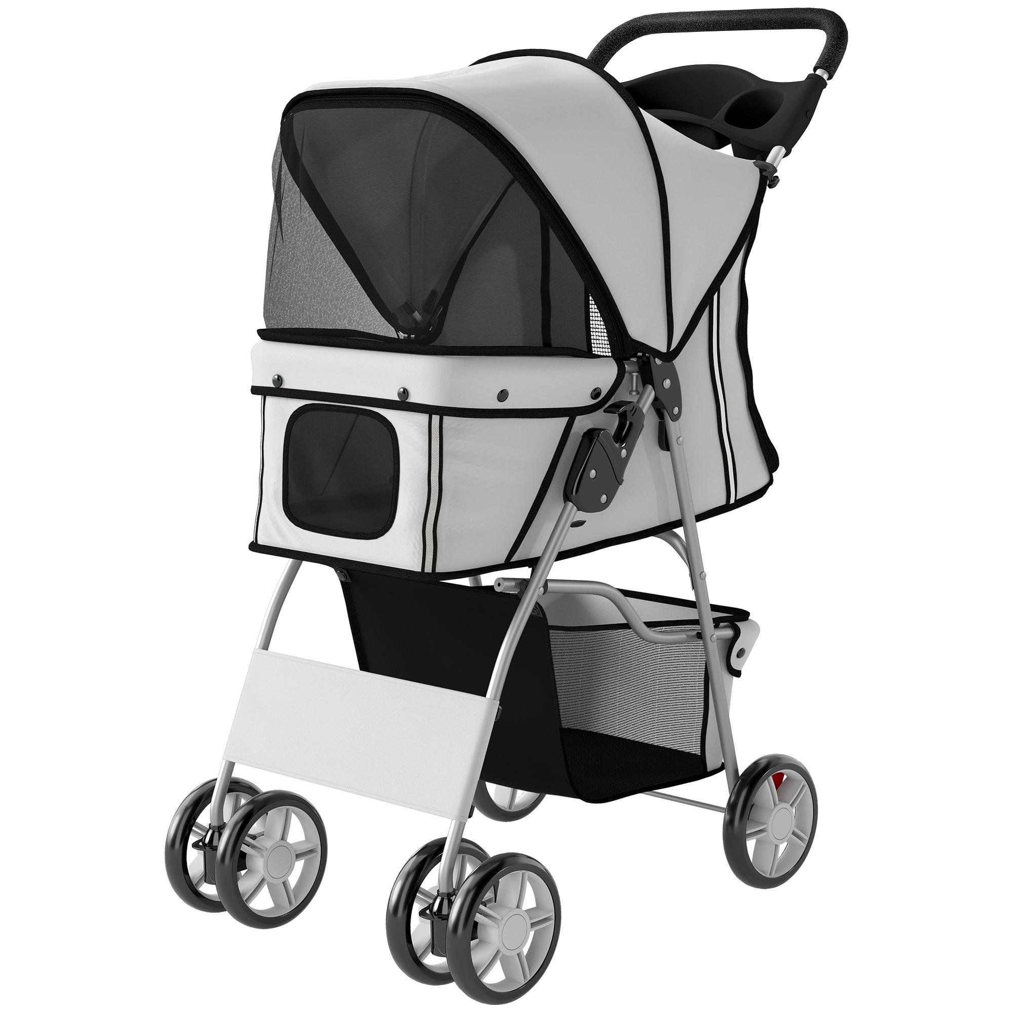 Grey Steel Pet Stroller, Foldable with Reflective Strips
