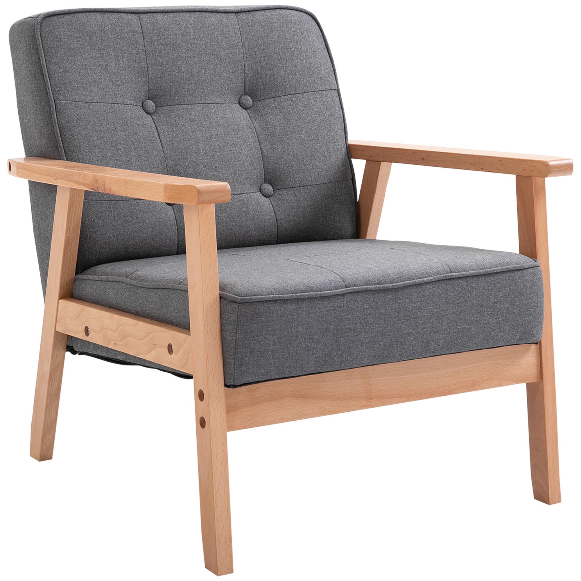 Grey Rubberwood Tufted Armchair with Padded Seat
