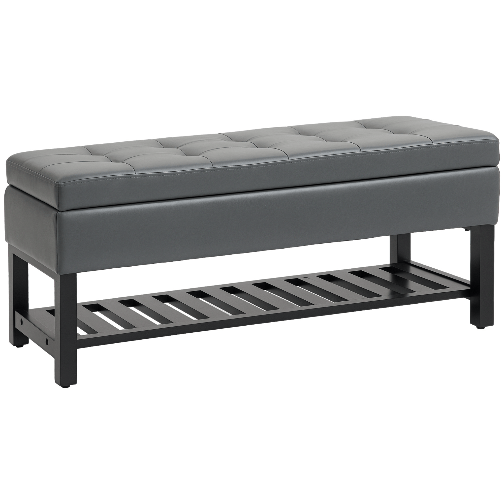 Grey PU Shoe Bench with Hidden Storage, 44 Inch