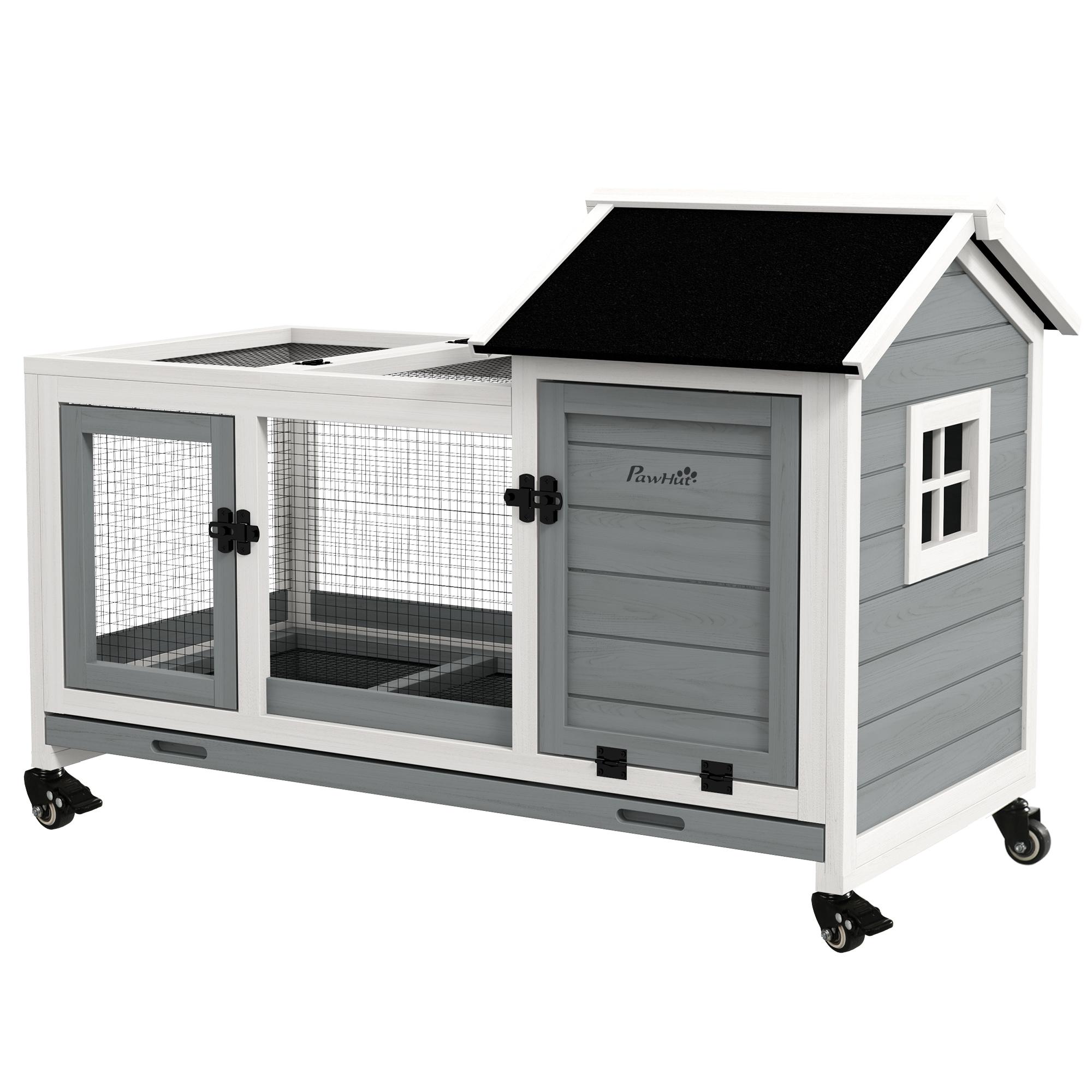 Grey Rabbit Hutch With Run and Four Wheels