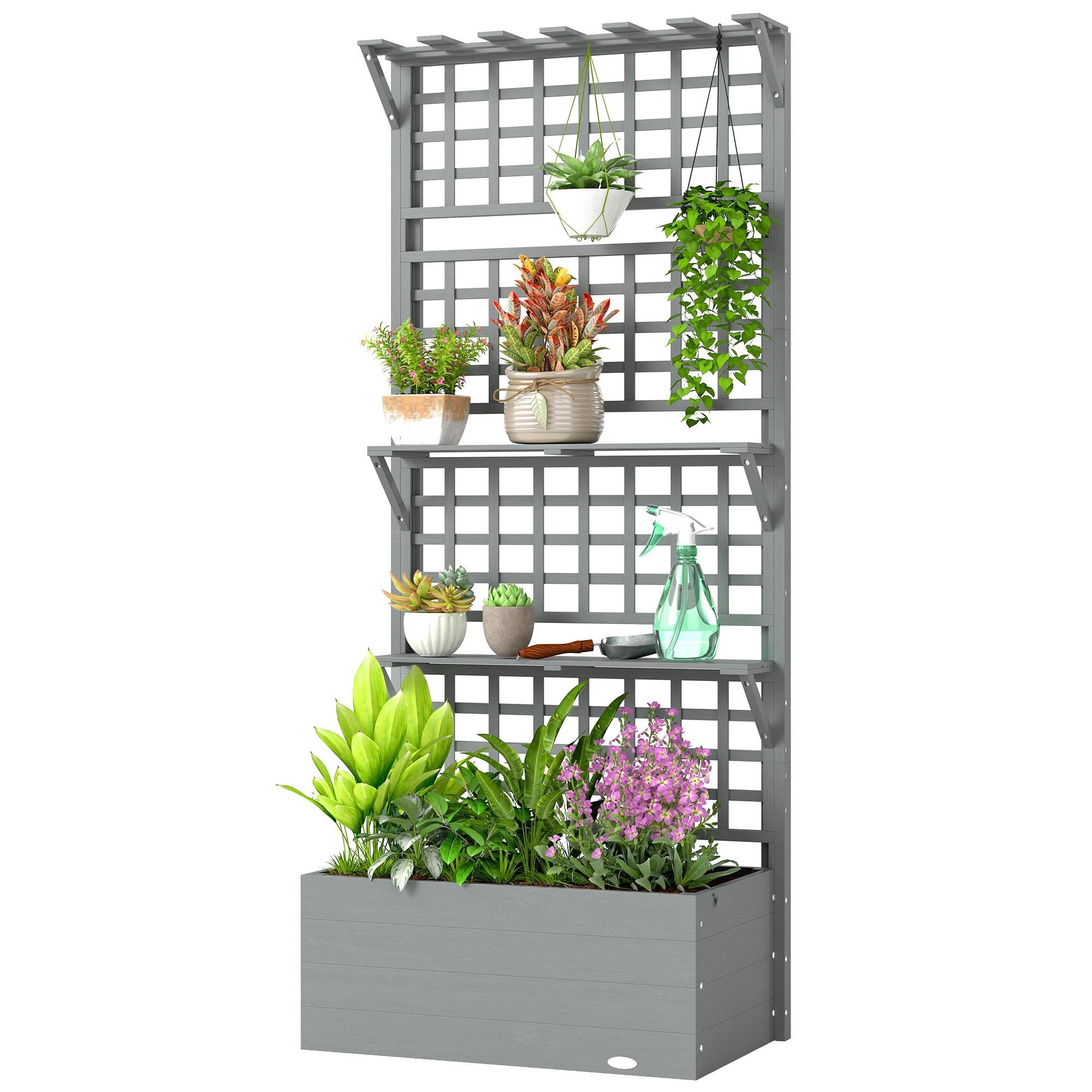 Grey Fir Wood Climbing Planter with Shelves and Trellis