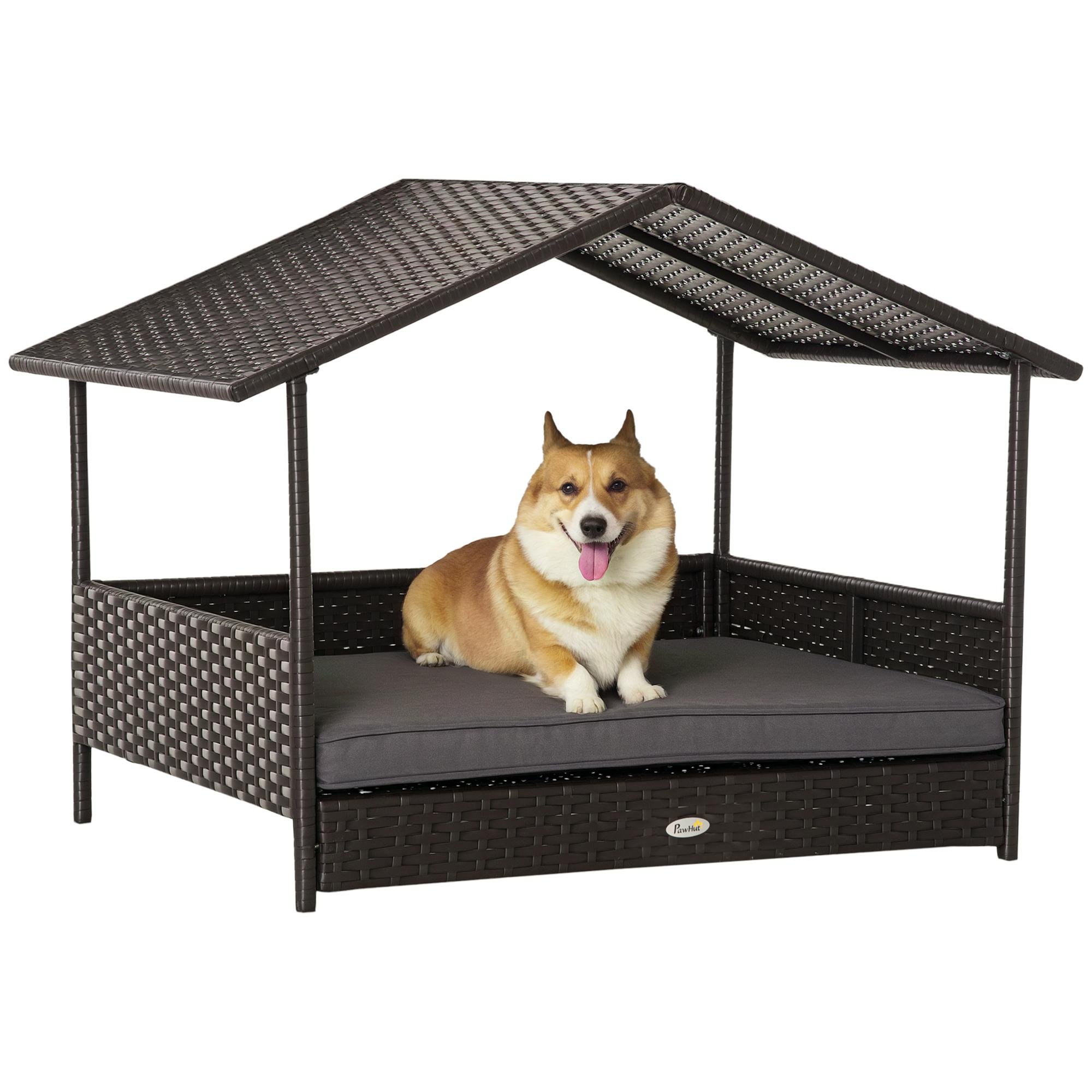 Grey Rattan Dog House with Canopy for Small to Medium Dogs