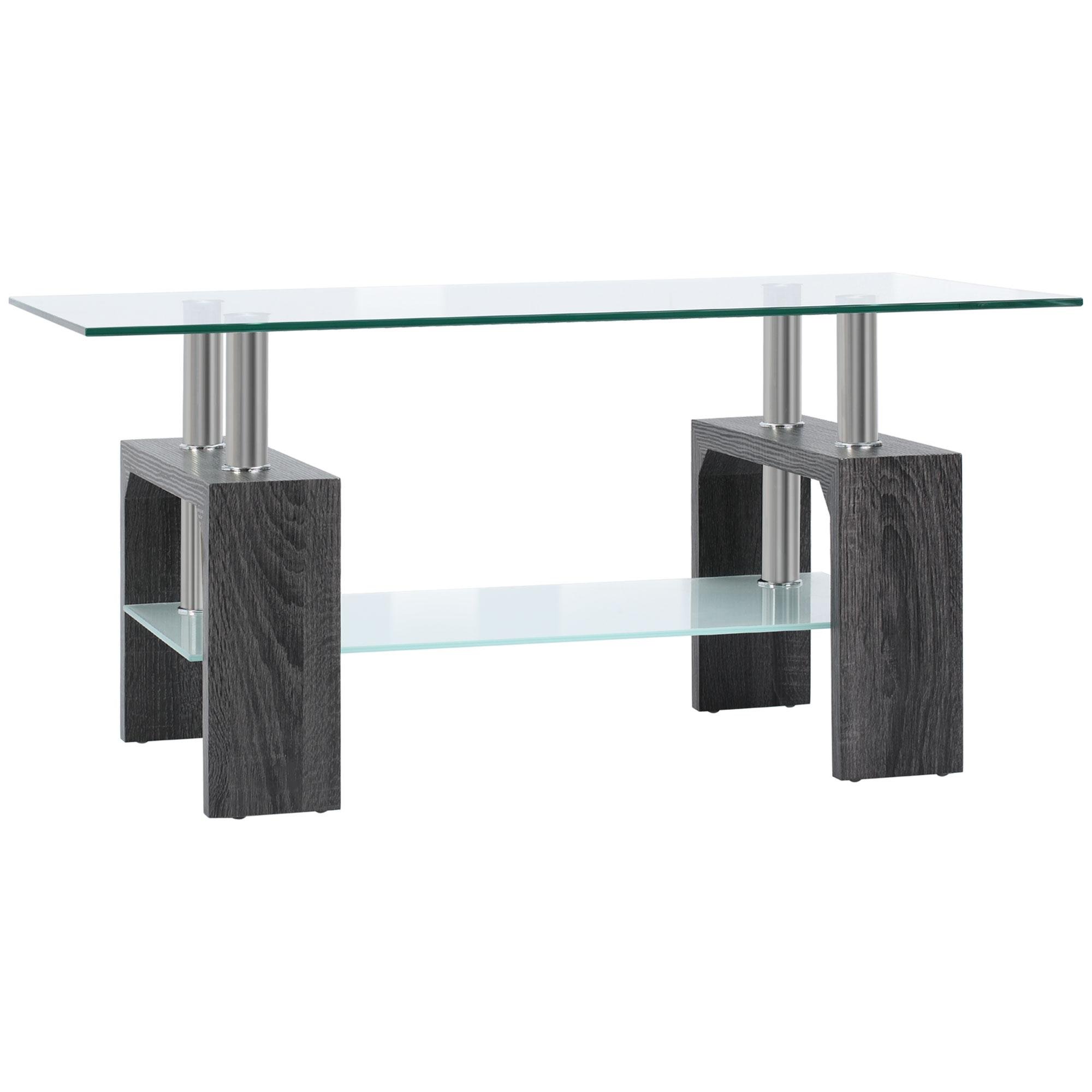 Grey Tempered Glass Coffee Table with 2-Tier Storage
