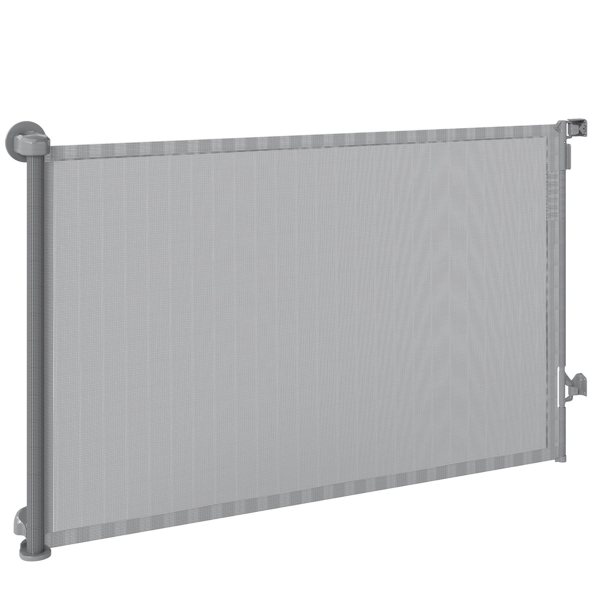Grey retractable dog gate, 55-inch wide, one-hand operation