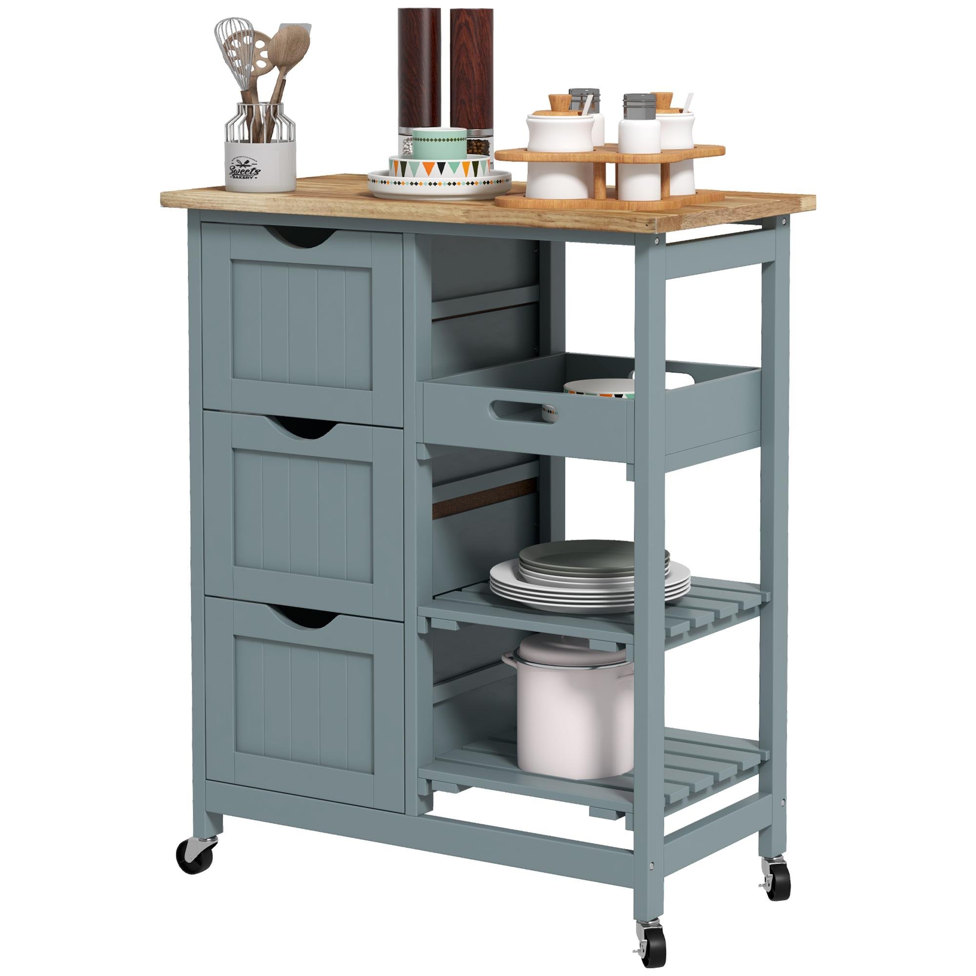 Grey Rolling Kitchen Cart with Wood Top and Storage