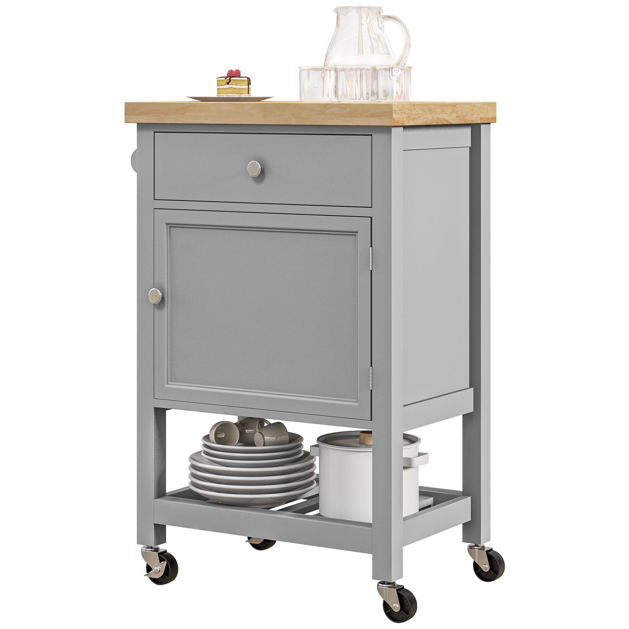 Grey Rubberwood Storage Trolley with Drawer and Cabinet