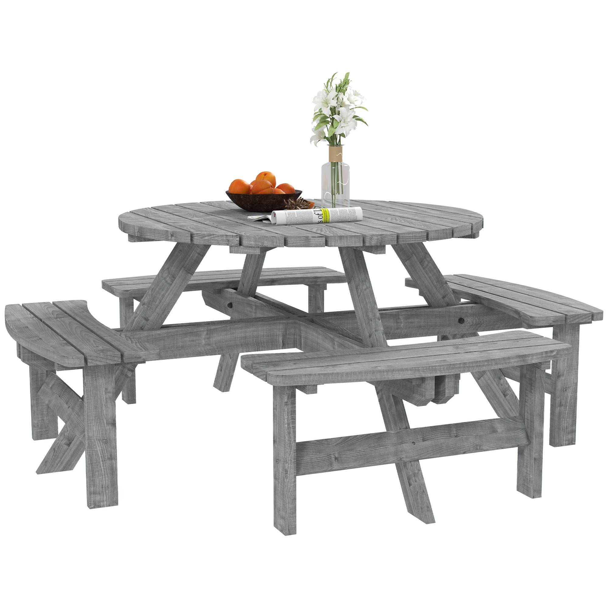 Grey Fir Wood Picnic Table for 8, Round Outdoor Dining Set